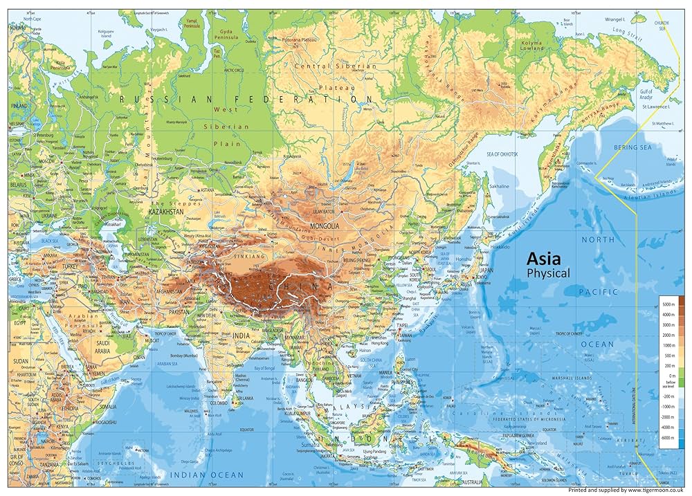 Asien Physikalische Karte – Papier laminiert – A1 Größe 59,4