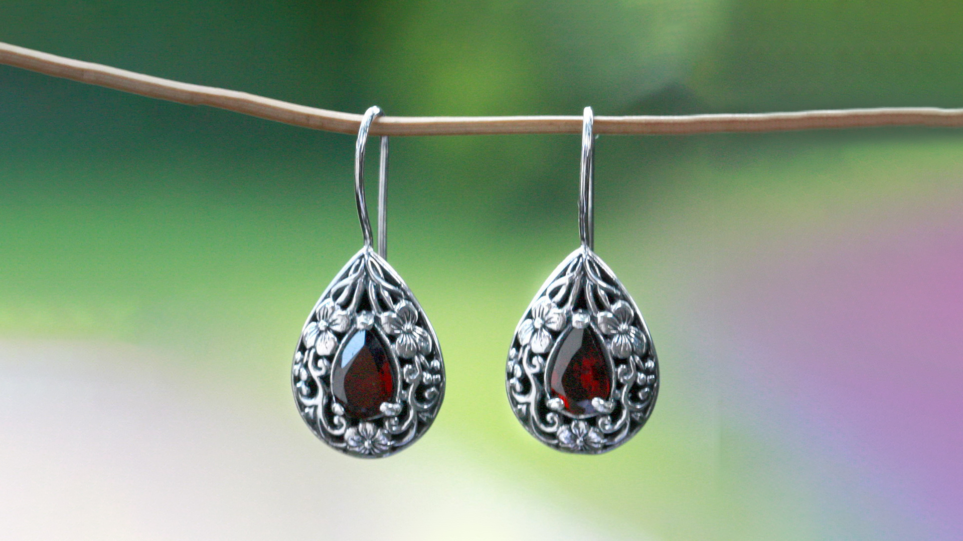 NOVICA Artisan Handmade Garnet Jewelry Set - Sterling Silver Earrings & Necklace With Red Garnet Pendant, Modern Birthstone Gift - View #7