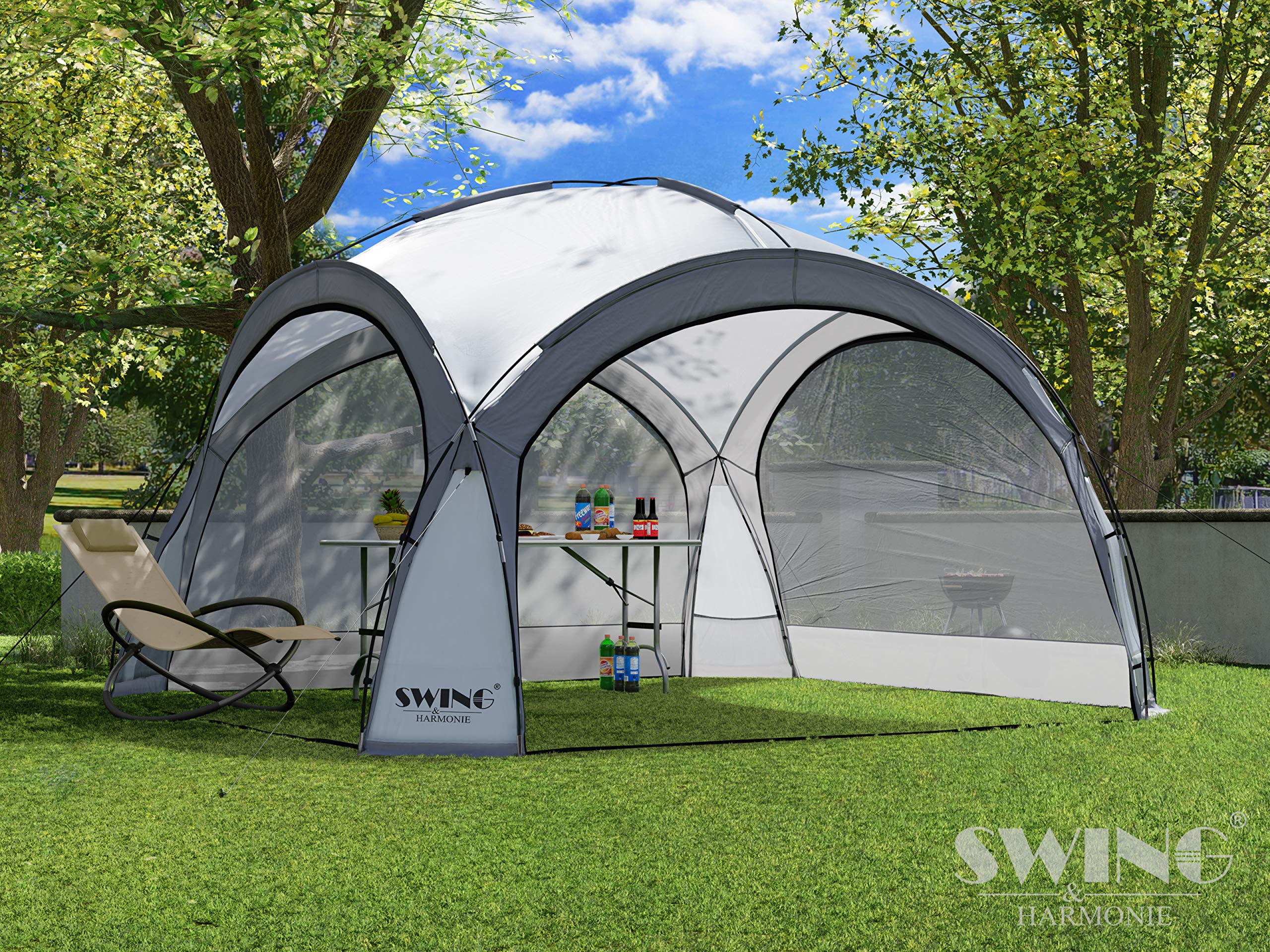 LED Event Pavillon 3,6 x 3,6m DomeShelter Garten Pavillion inkl. Solarmodul Pavilion Designer Gartenzelt Camping Pavilon Partyzelt mit Beleuchtung (Anthrazit)