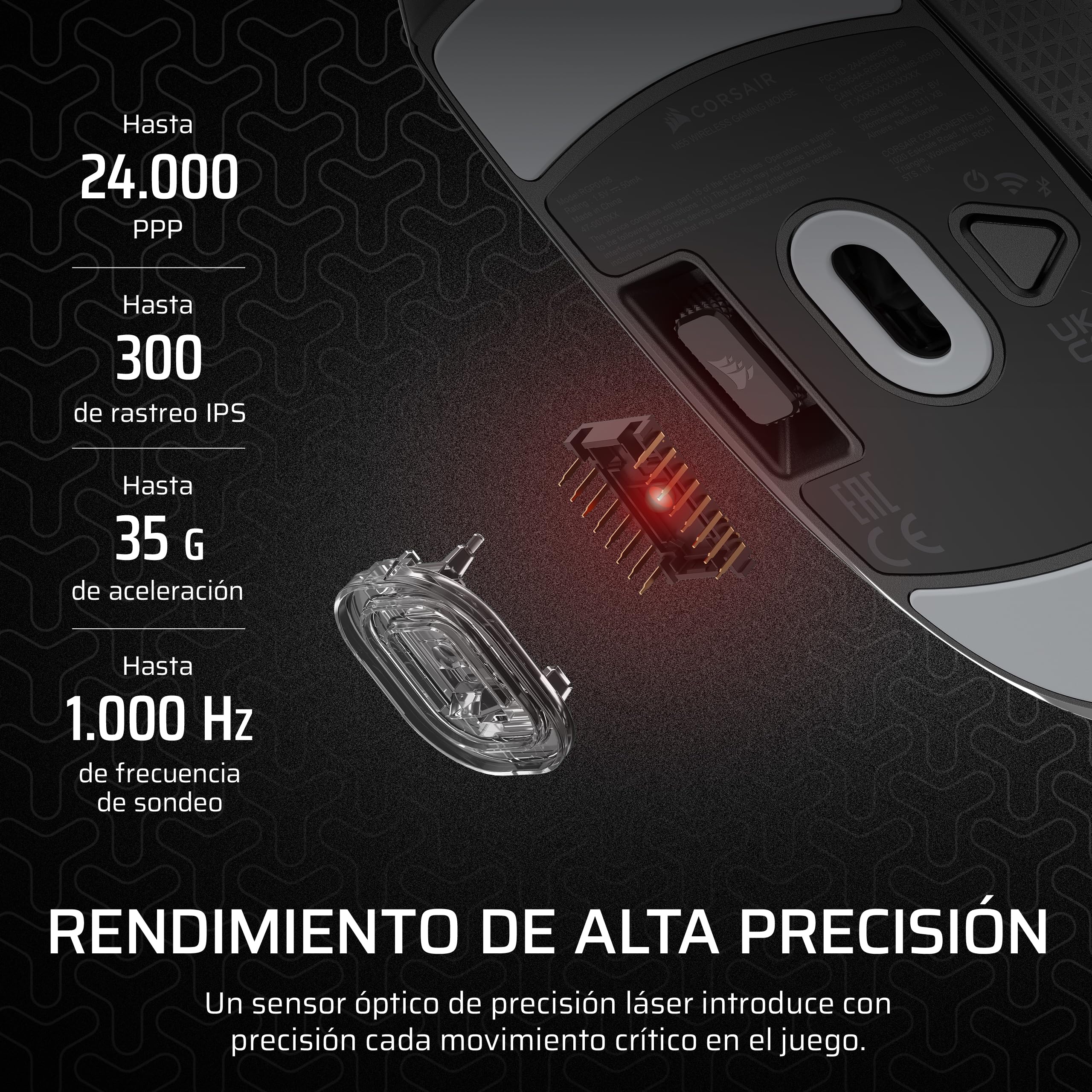 Corsair M55 Wireless Ratón Ligero para Juegos FPS – Negro | 2.4GHz & Bluetooth, 24,000 PPP, Batería de Larga Duración, Seis Botones Programables, Empuñaduras Laterales Texturizadas