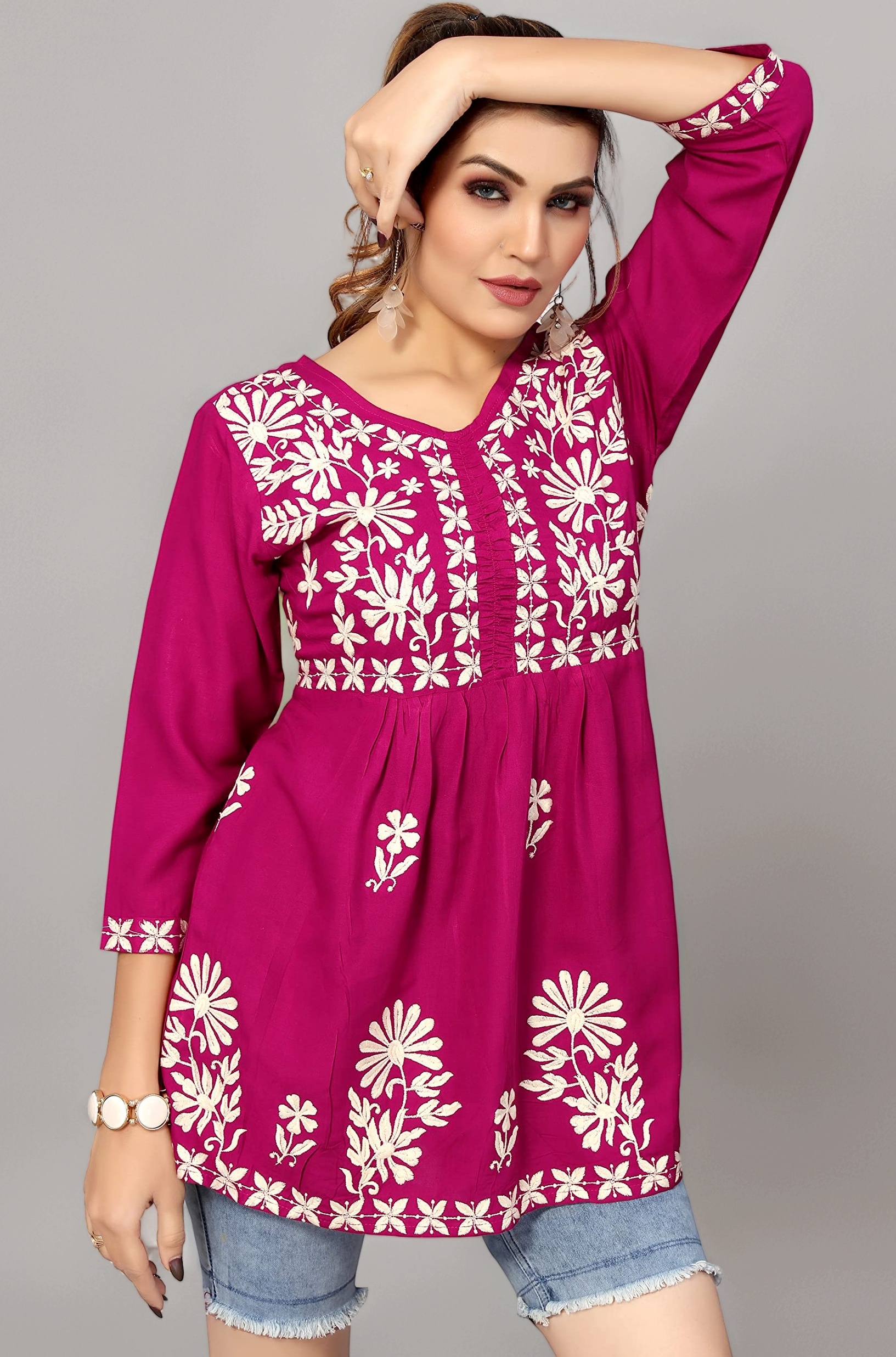 Bee M Pee Designer Short Kurti Tops for Jeans for Women I Chikankari Rayon Cotton Long Kurta Kurti for Women I Stylish wear Kurti top for Girls