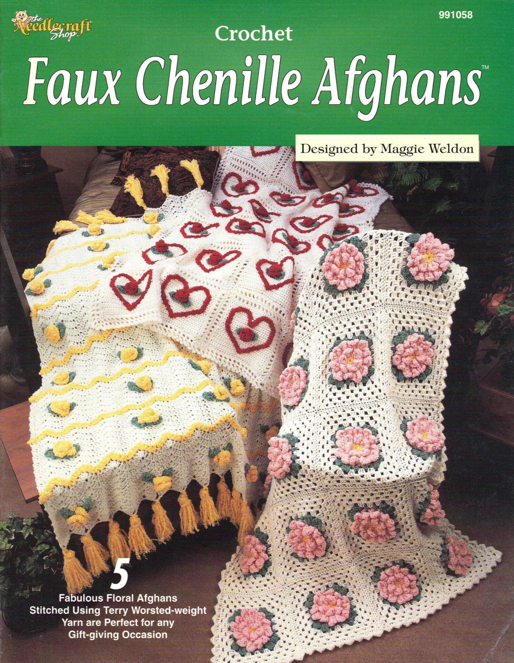 Title: Faux Chenille Aghans - Crochet Pattern Book for 5 Floral Afghans - The Needlecraft Shop - #991058