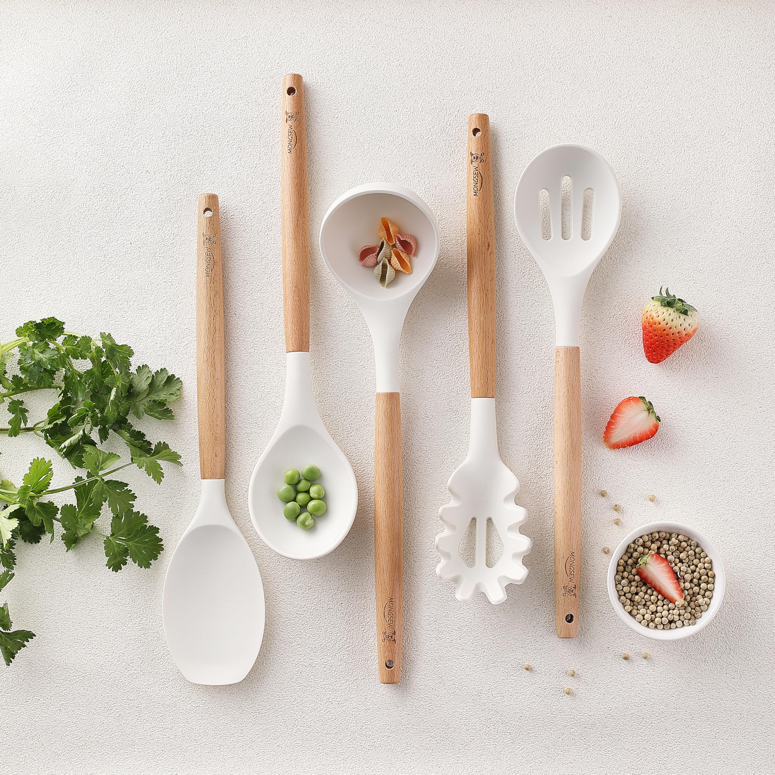 Silicone Cooking Utensils Set, MONGSEW Heat Resistant Kitchen Utensils for Cooking with Wooden Handle, Spatula Turner Spoon Tongs Whisk (WHITE, Smile Dog Pattern)