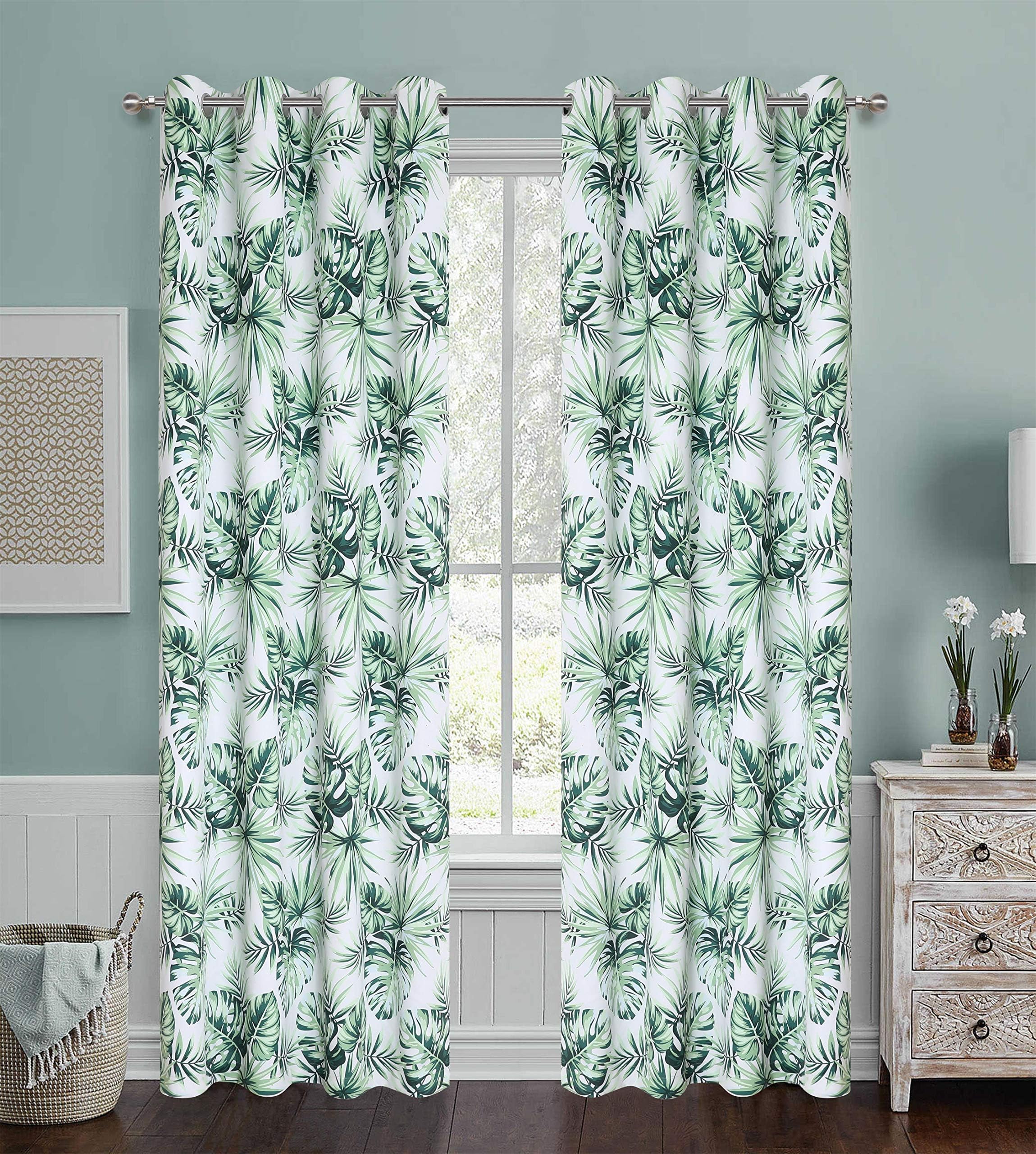 Digital Print Palm Leaf Design Amazing Exotic Tropical Leaf Panels for Bedroom Botanic Summer Heavy Blackout Curtain with Energy Efficient for Living Room Eyelet / Rings 2 Pieces 84 inch Length Green