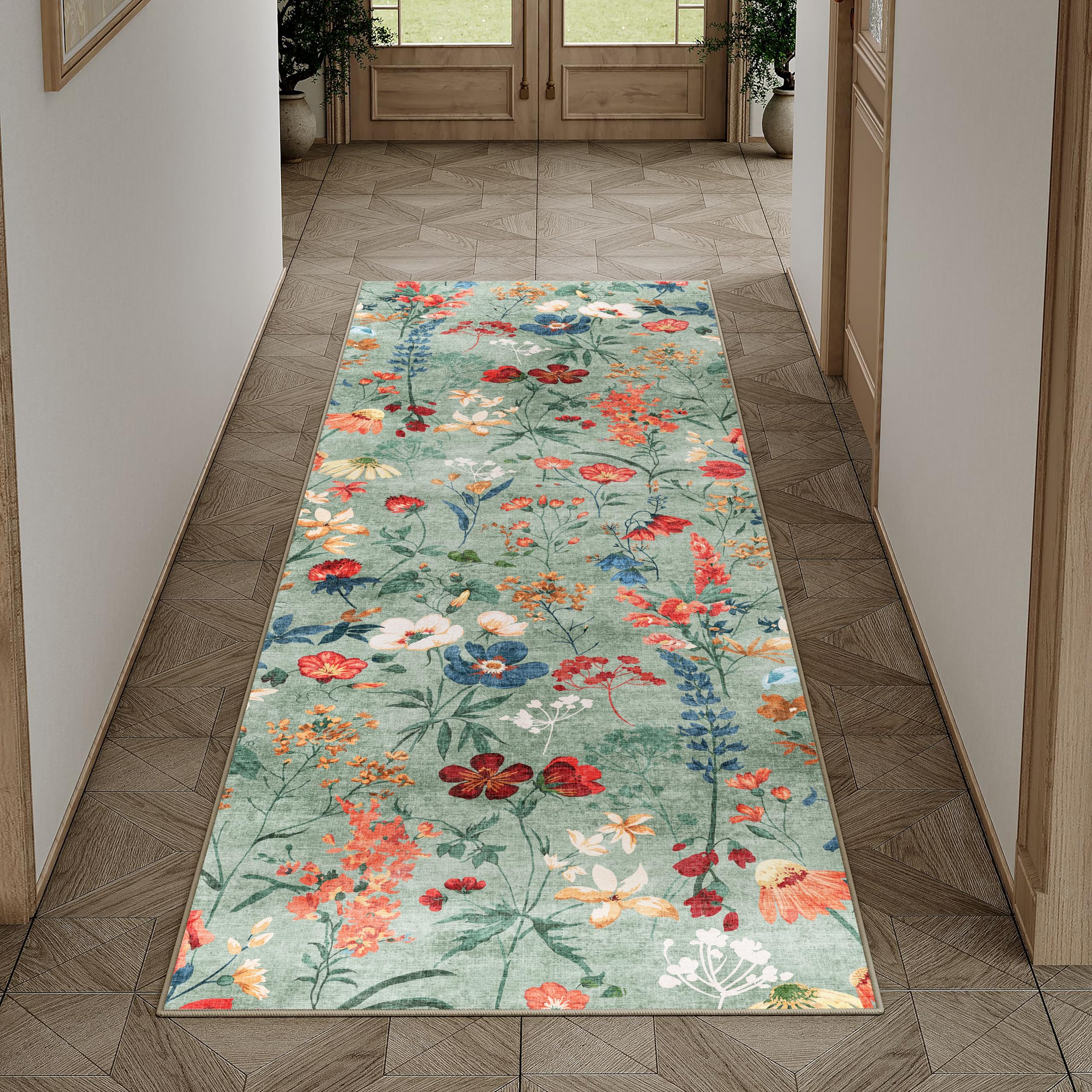 HUGEAR Hallway Runner Green Washable Flower Area Rug 60x180cm Non Slip Boho Natural Modern Floral Long Carpets Runners Kitchen Dining Room Bedroom Bedside Office Low Pile Carpet โ image 1