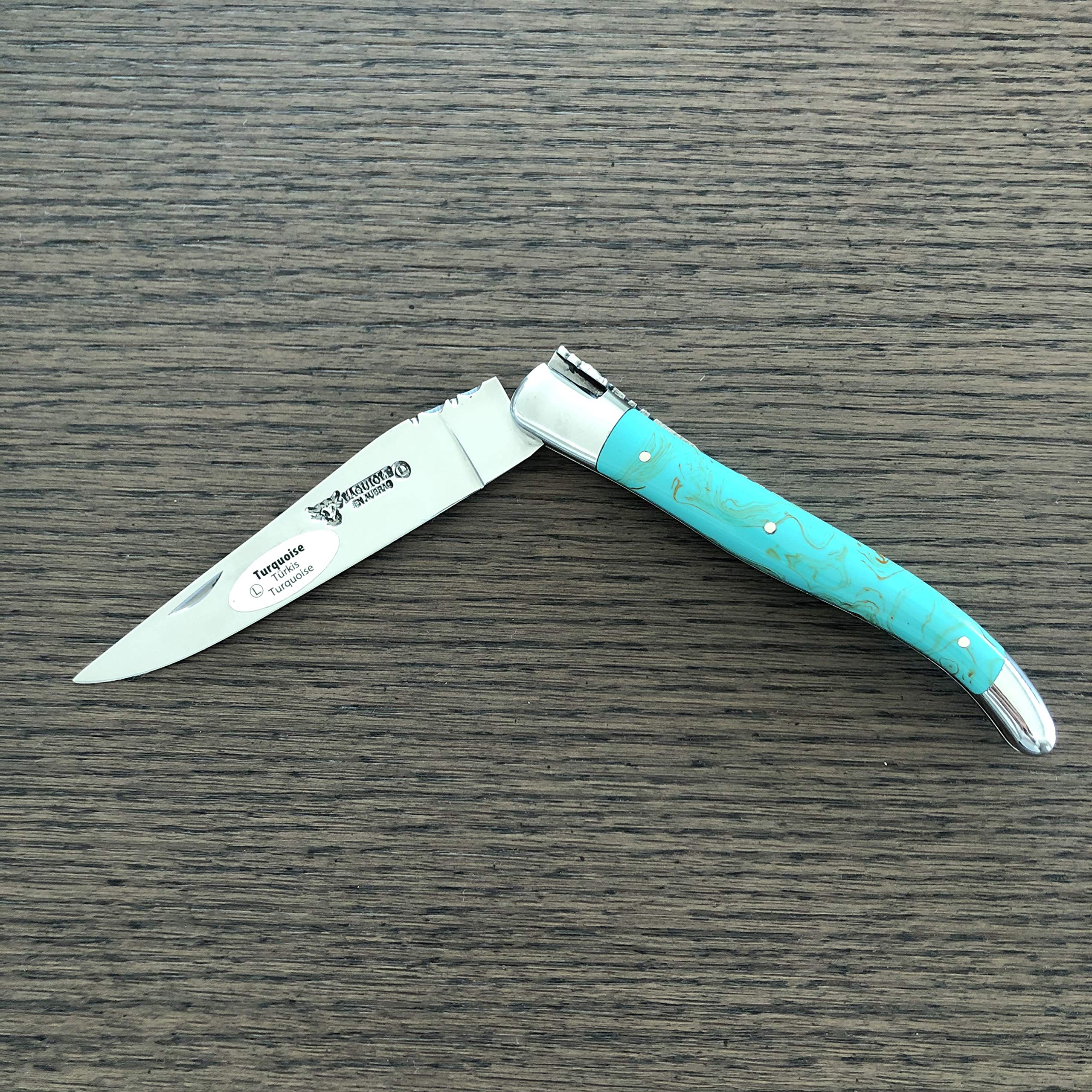LAGUIOLE EN AUBRAC LHandmade Luxury Folding Pocket Knife, 4.8-in (12cm). G uine Turquoise Handle, Hand Forged Bee, Stainless Steel Shiny Bolsters