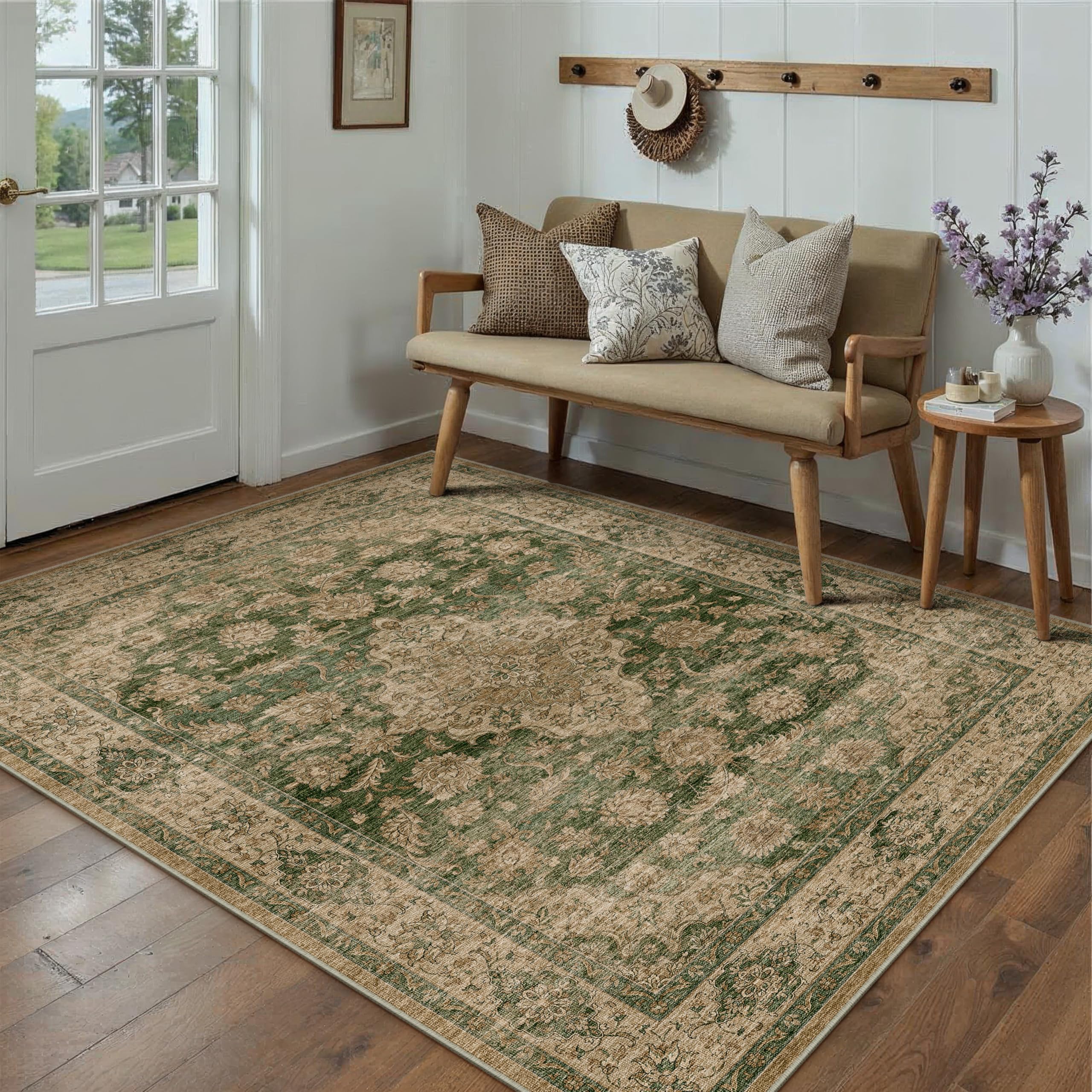 PureCozy Vintage Green Rugs Living Room Large 120x170cm Bedroom Washable Non Slip Soft Area Rug Kitchen Bedroom Dining Room Office Indoor Carpet Low Pile Carpets — image 1