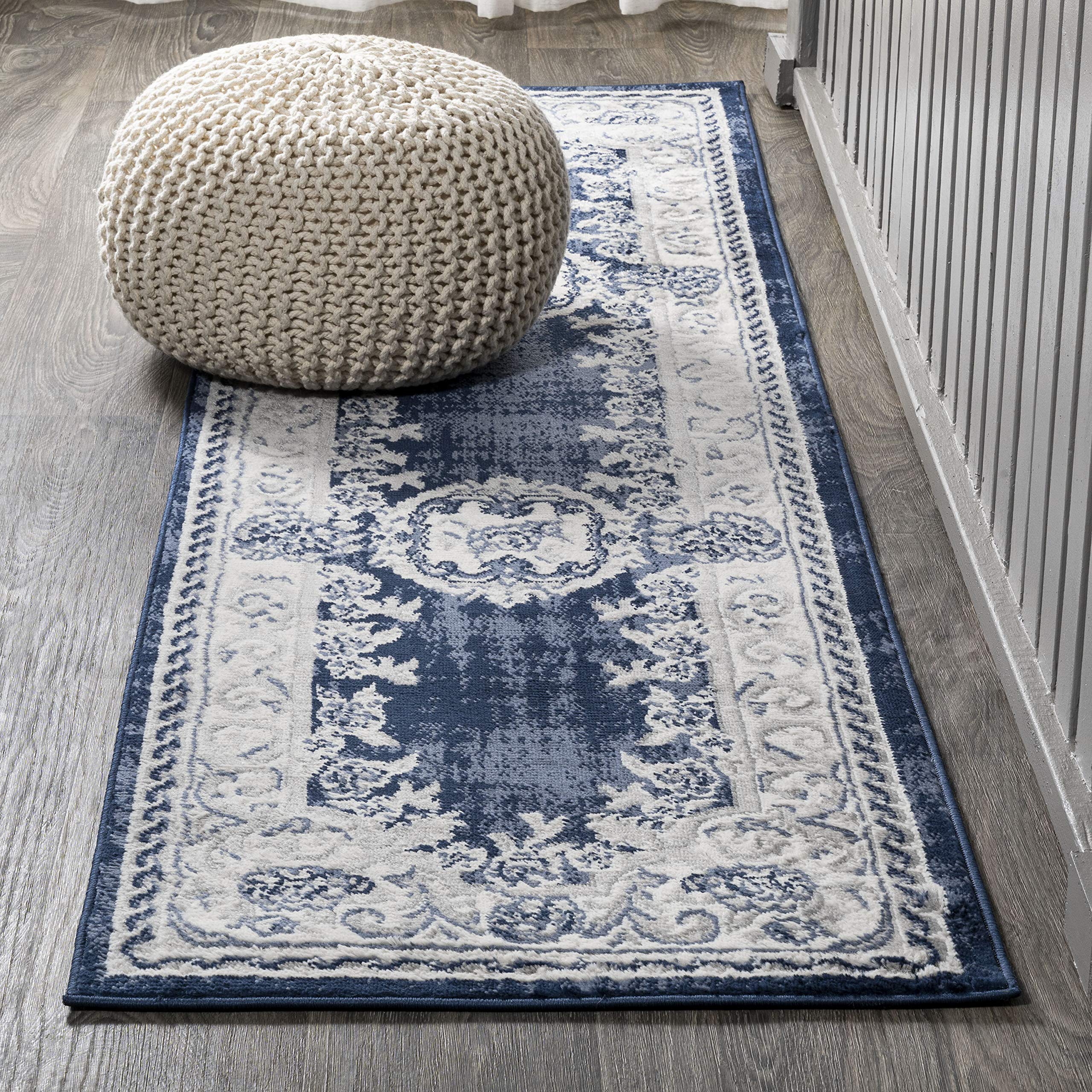 JONATHAN Y MDP401A-28 Rosalia Cottage Medallion Indoor Area-Rug Vintage Bohemian Easy-Cleaning Bedroom Kitchen Living Room Non Shedding, 2 ft x 8 ft, Ivory/Navy