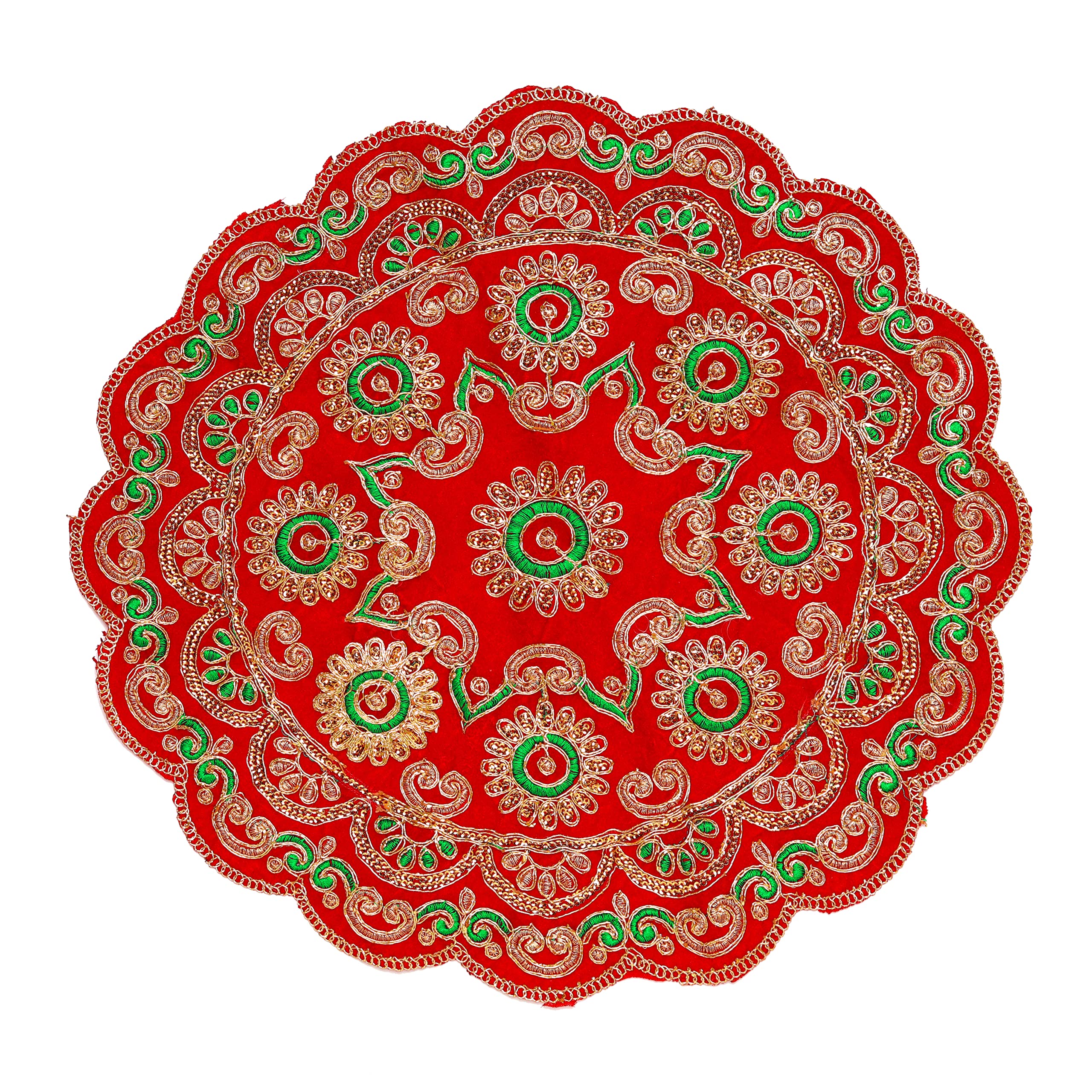 Aditri CreationRound Red Velvet Pooja Cloth Mat Aasan Decorative Cloth with Sequence Work for Indian Traditional Multipurpose Pooja Decorations Item & Article (Size :- 16" X16")