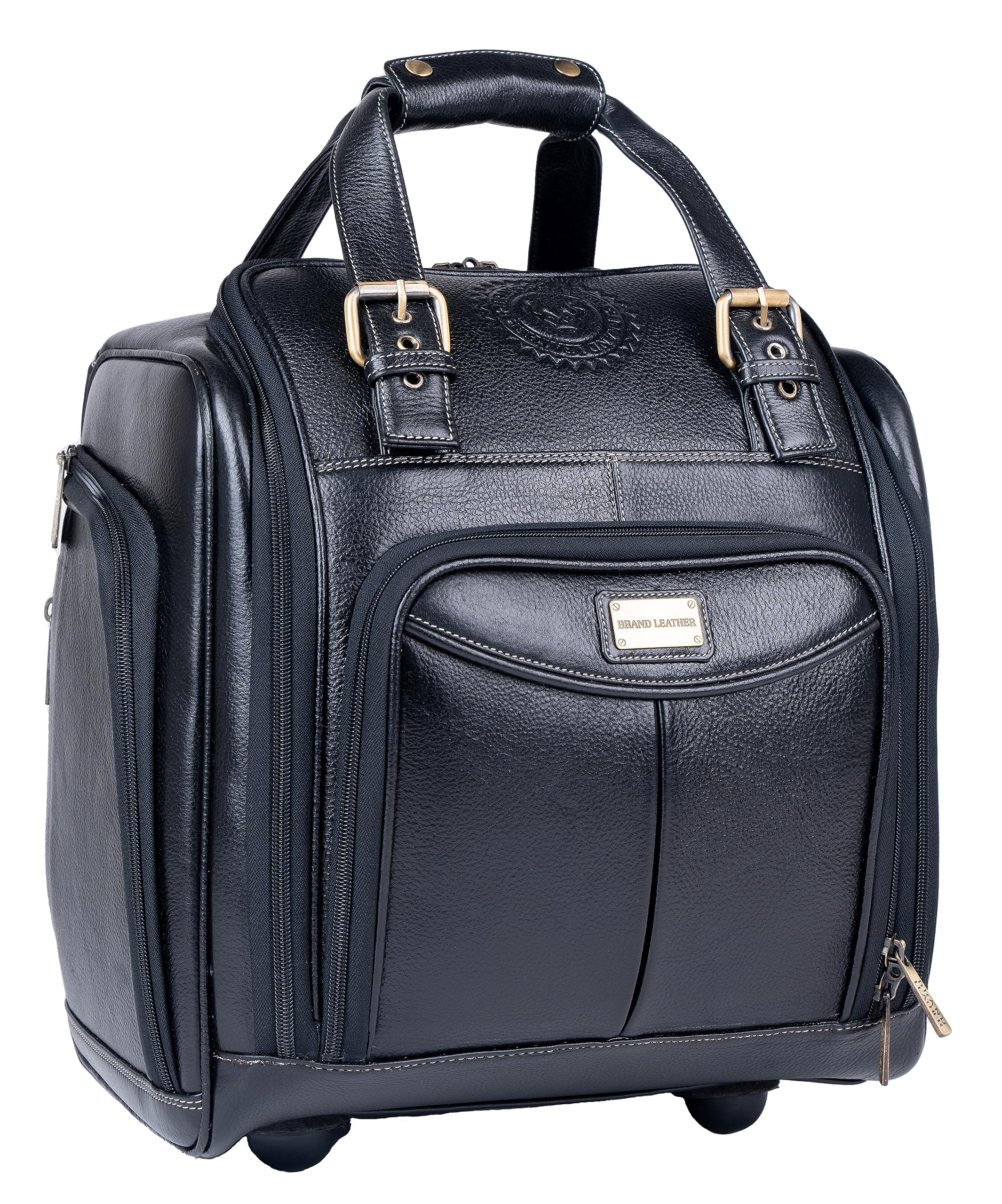 BRAND LEATHER Genuine Leather Underseat Carry-On Rolling Travel Luggage Bag (Black)
