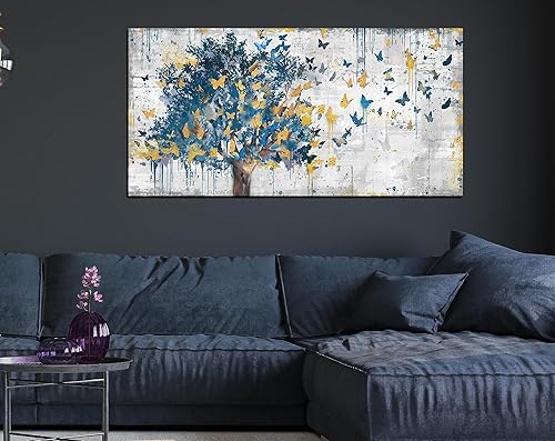 Miniatura 8 de Kepgonegu Arte de Lienzo Grande para Pared Árbol Azul Mariposas Doradas Cuadro Grafiti Gris Abstracto Impresiones en Lienzo Listo para Colgar para
