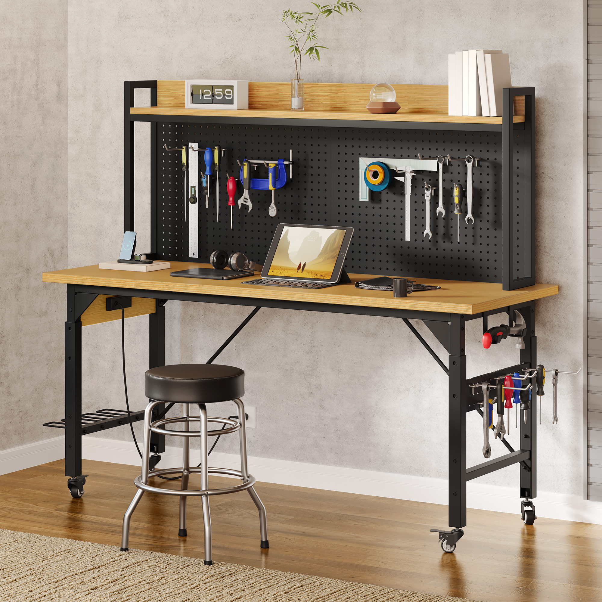DWVO 48in Adjustable Rolling Workbench Heavy Duty with Pegboard