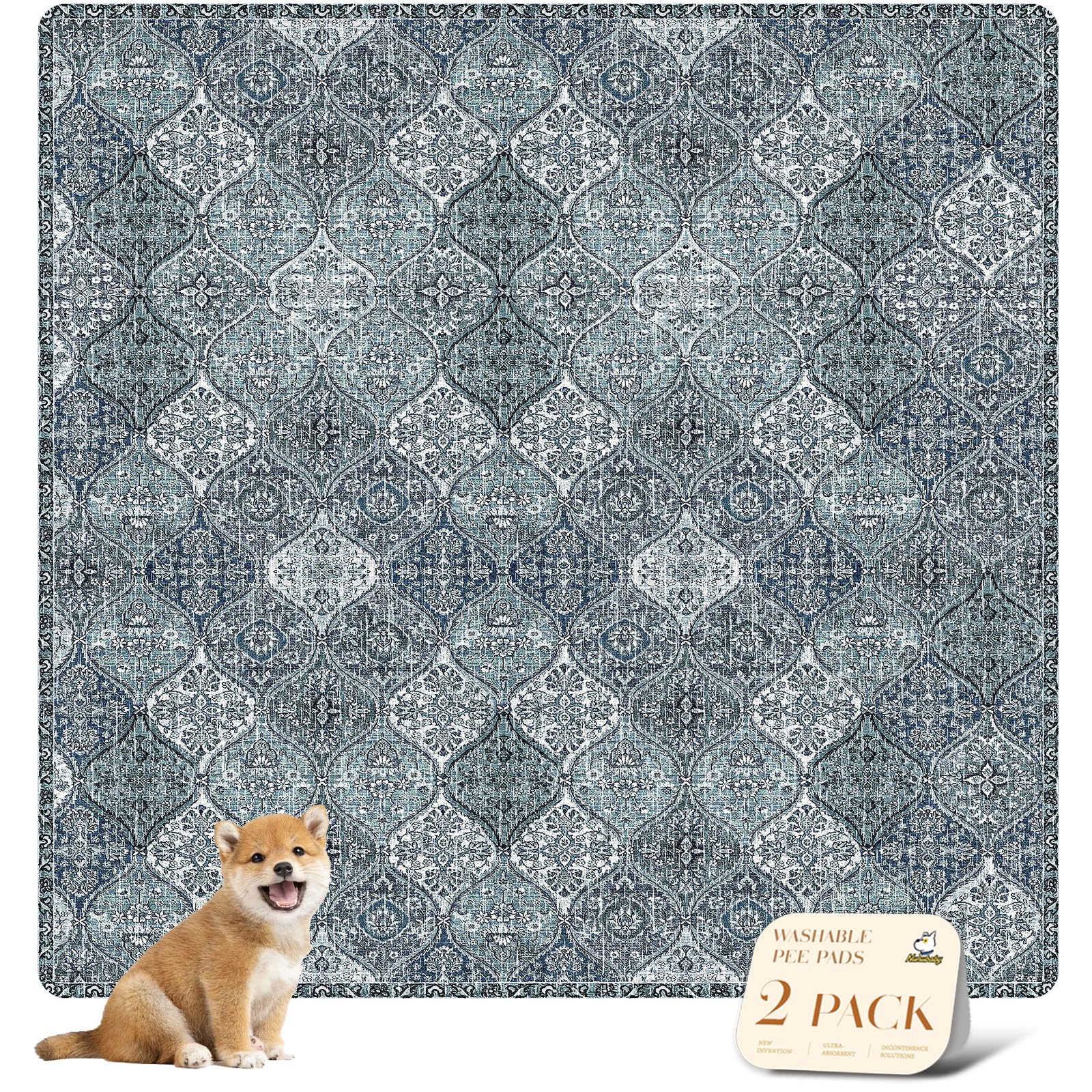 nunubaby 2PACK Washable Pee Pads for Dogs, Stylish, Non-Slip and Leak-Proof Pee Pads. Reusable Potty Pads for Dogs for Crates and Floors.(Blue/Multi,72" x72" )