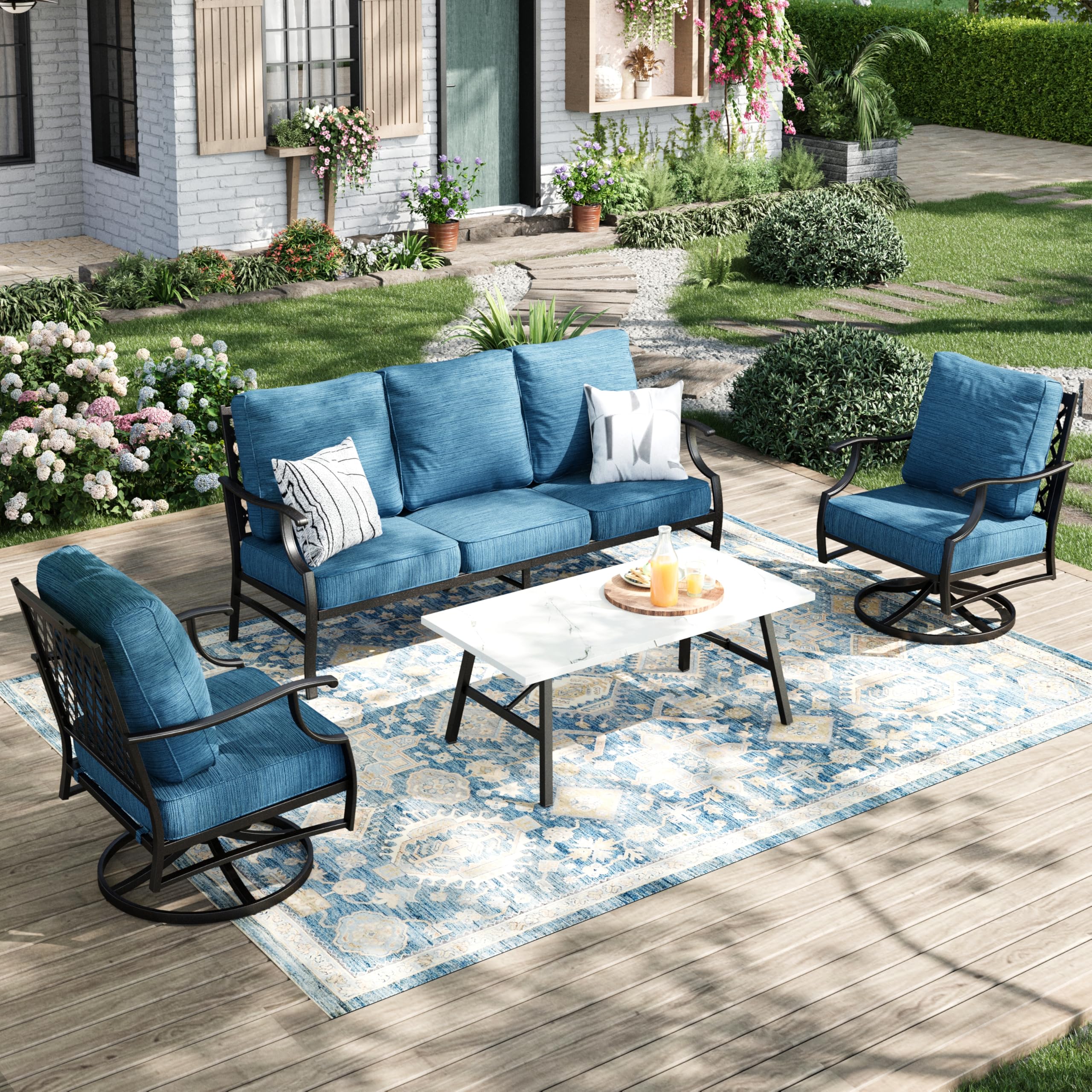 MIXPATIO Patio Furniture Set 4 pcs, Metal Outdoor Patio Furniture, 3-Seat Sofa, 2 Swivel Chairs, Coffee Table and 5.75" Extra Thick Cushion,