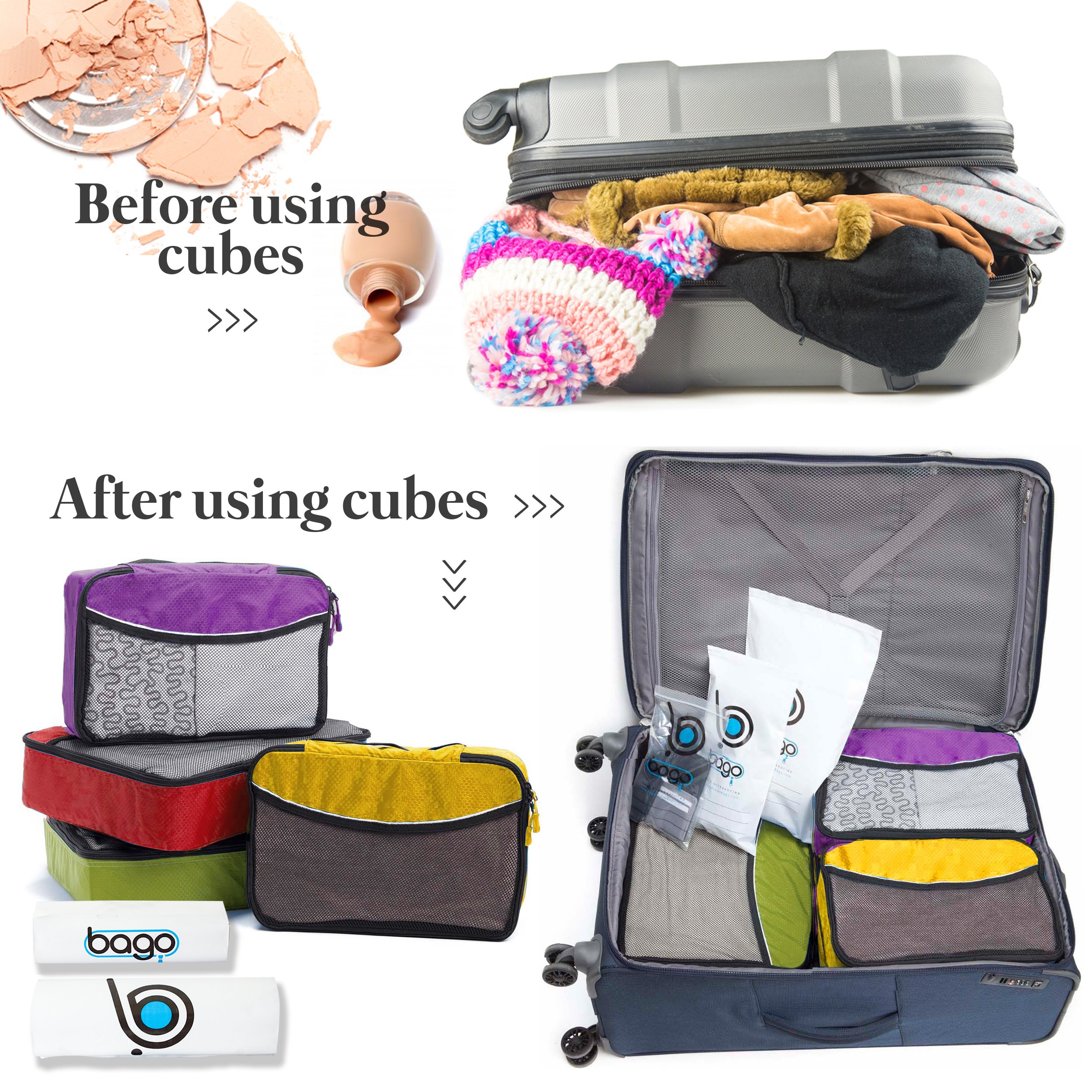 Bago Set di 7 cubi di imballaggio per valigie e borse da viaggio – Cubi da imballaggio a compressione per organizzatore da viaggio – 4 cubi da viaggio più 3 sacchetti con cerniera (verde, rosso, M