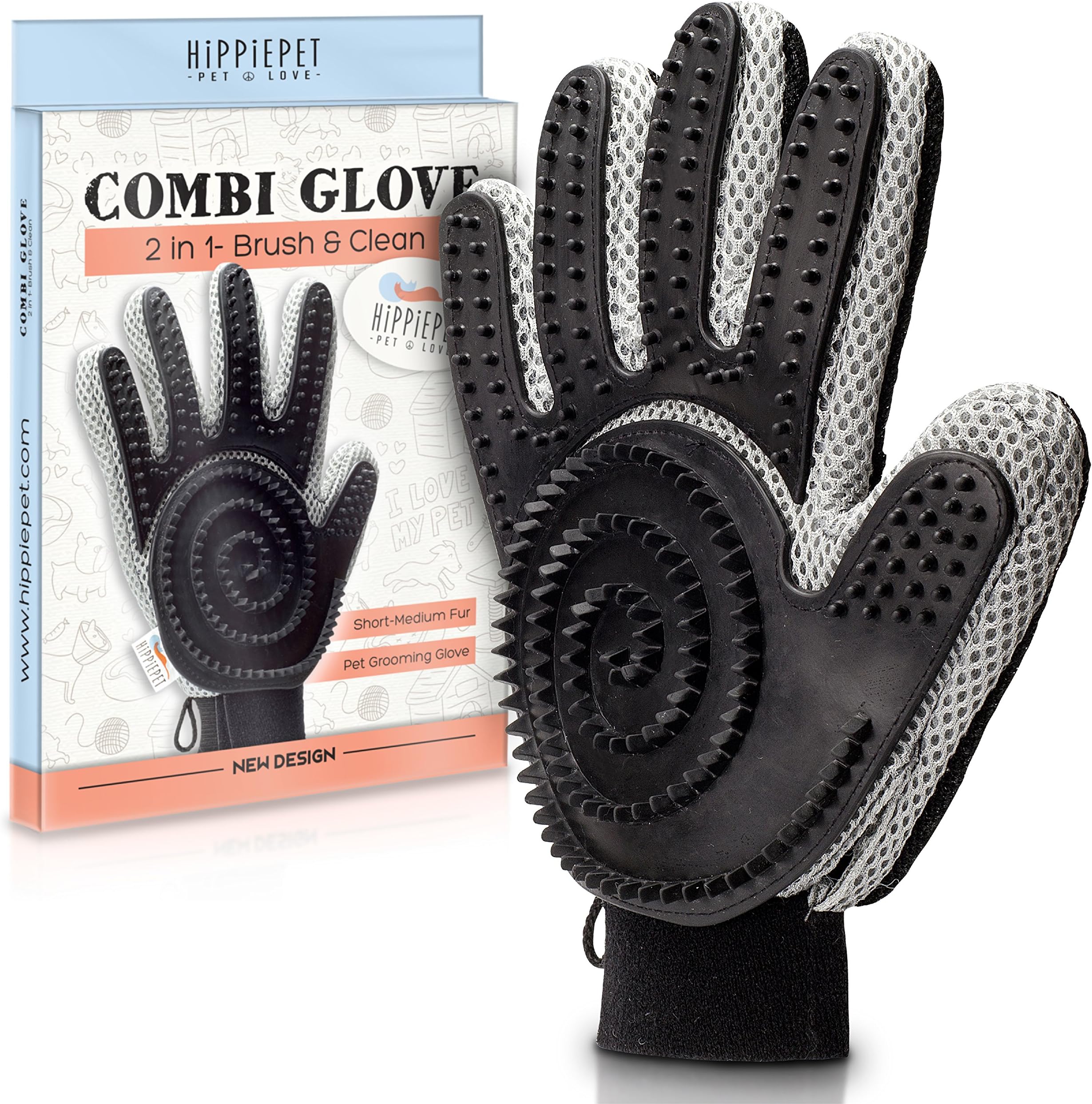 The Combi Glove – Pet Grooming Glove Brush with Dog and Cat Hair Remover from Furniture, Carpets, Clothes, and More for Easy Clean-Up – Double-Sided, De Shedding Silicone Massage Mitt by Hippiepet