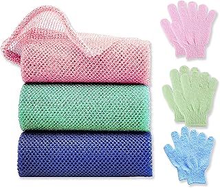 3 Pcs African Exfoliating Net, African Net Sponge With 3 Pairs Shower Exfoliating Gloves, African Net Long Bath Net Sponge Exfoliating Cloth Body Exfoliating Sponge for Daily Bathing Exfoliating