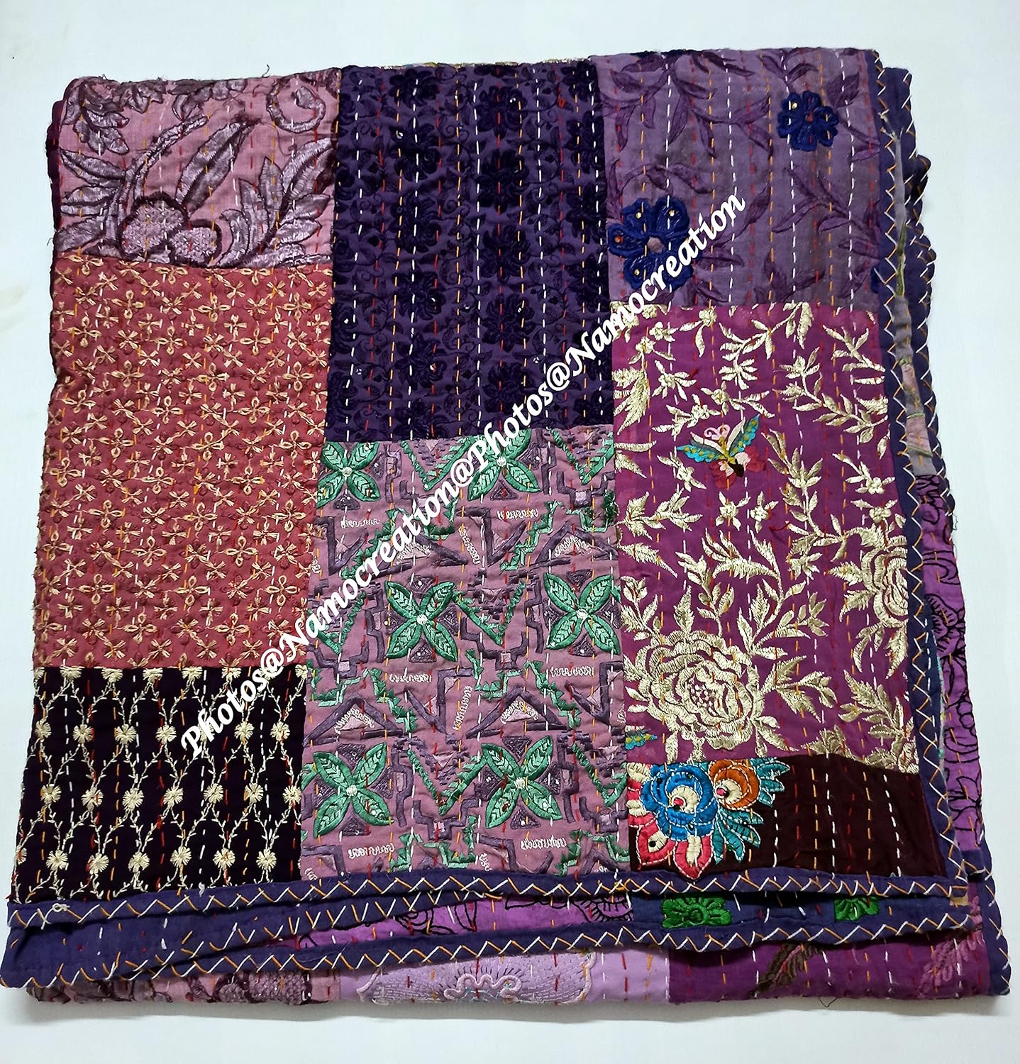 Embroidery Assorted Patchwork Kantha Quilt Reversible Patchwork Kantha Bedspread Bed Cover Decor Throw Blanket California King/Queen/Twin (Purple, 90X108 Inches)