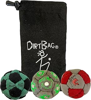 DIRTBAG Lover Footbag Hacky Sack 3-Pack with Pouch, Includes Three Original and Unique Premium Quality Hand Sewn Footbags and Carry Pouch. (Green/Black, Grey, Red/Grey, Blck Pouch)