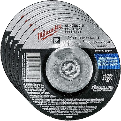 Milwaukee Paquete de 5 muelas abrasivas de 4 1 2 para amoladoras - Rectificado agresivo para metal y acero inoxidable - 4-1/2 pulgadas x 1/4 x 5/8