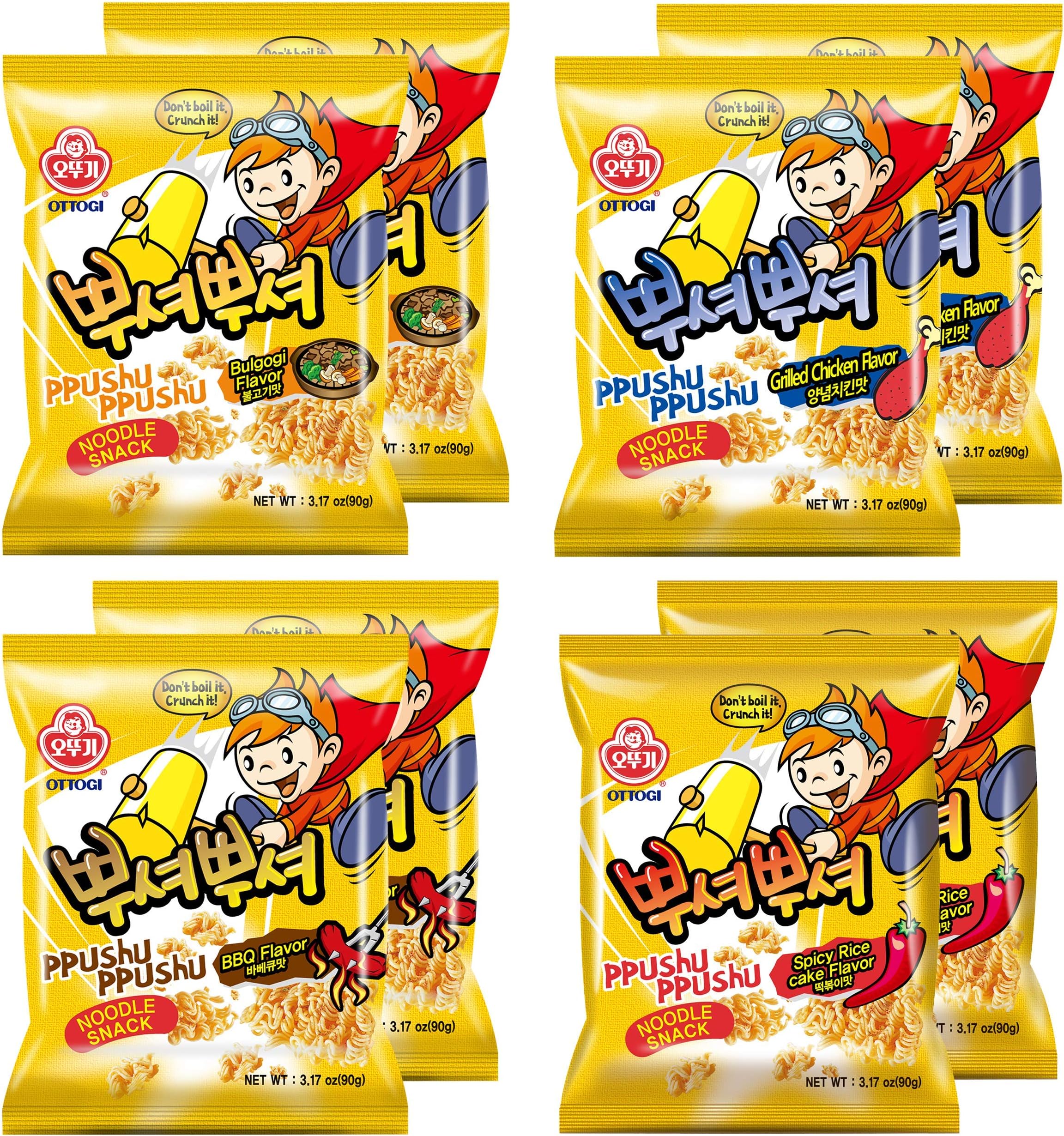 [OTTOGI] PPUSHU PPUSHU NOODLE SNACK- 2 of each Bbq, Bulgogi, Grilled Chicken, Spicy Rice Cake Flavors Variety Pack (90g) - 8 Pack