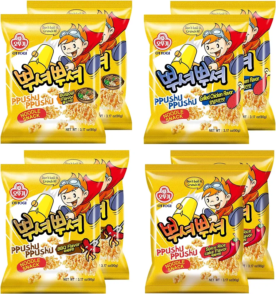 [OTTOGI] Ppushu Ppushu Korean Ramen Snack Variety Pack, Crush to Eat Noodle,BBQ, Bulgogi, Grilled Chicken, Spicy Rice Cake Flavors, 3.17oz (90g) x 8 Pack,Crunch &amp; Shake Noodle Snack