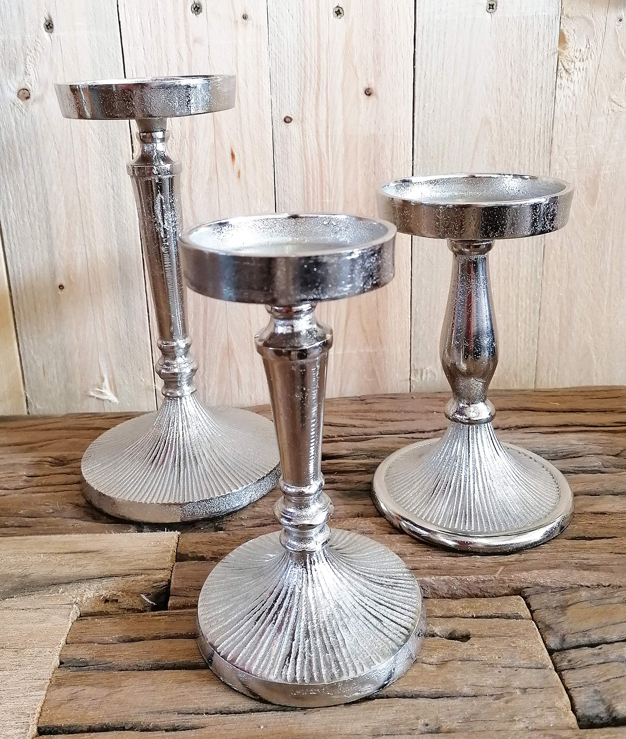 MichaelNoll Kerzenständer 3er Set Kerzenhalter Aluminium Silber - Kerzenleuchter Modern für Stumpenkerzen - H 17,5 cm / 18,0 cm / 23,5 cm