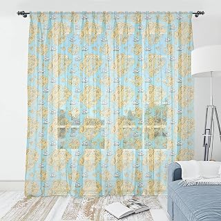 Ambesonne Sailing Tulle Curtains with Rod Pocket, Pirate Map Look Nautical Drawing with Sail Direction Ocean Pattern, Sheer Drape for Wedding Party 2 Panels, 108" x 108", Blue Earth Yellow