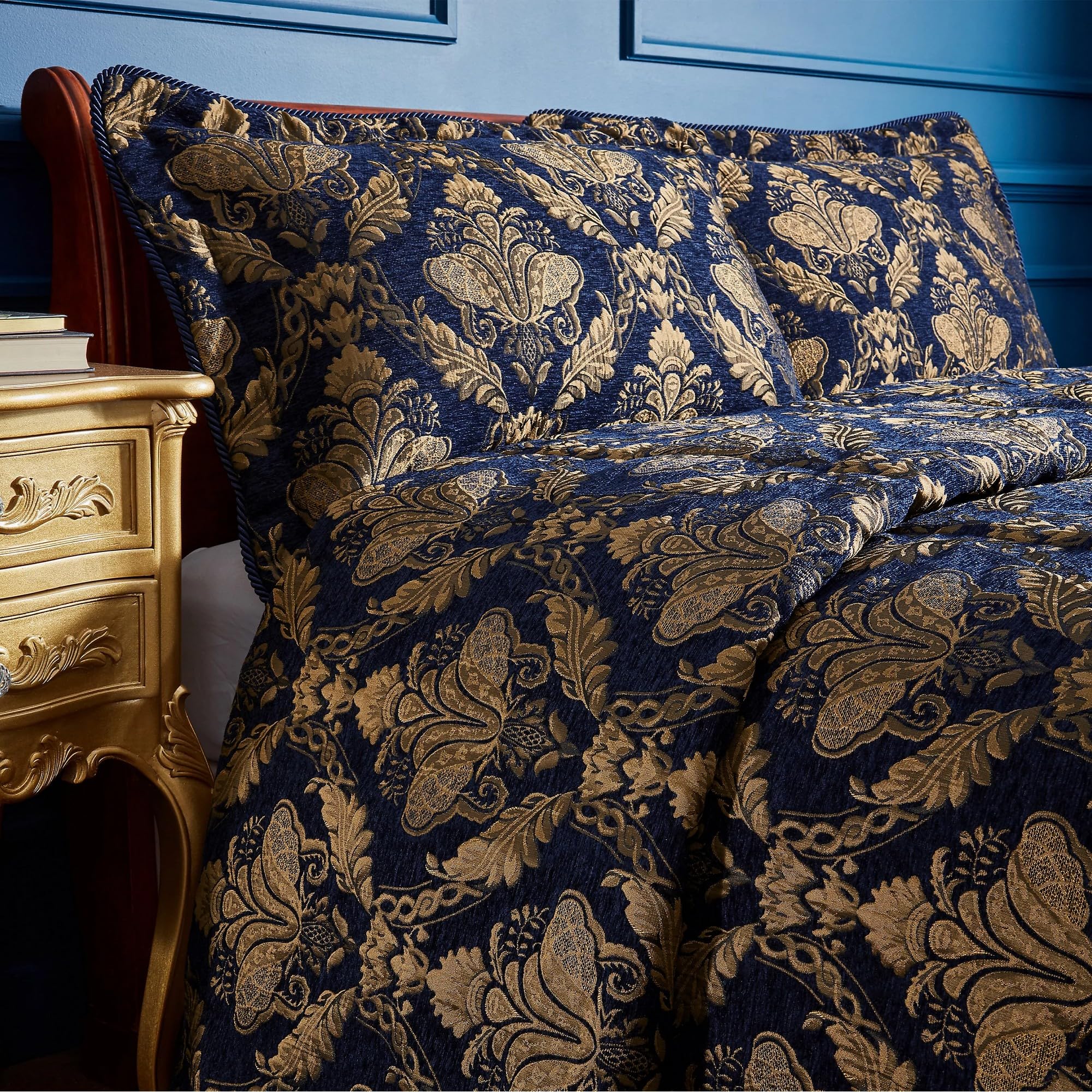 Paoletti Shiraz Traditional Damask Jacquard Floral Piped Pillow Sham in Navy