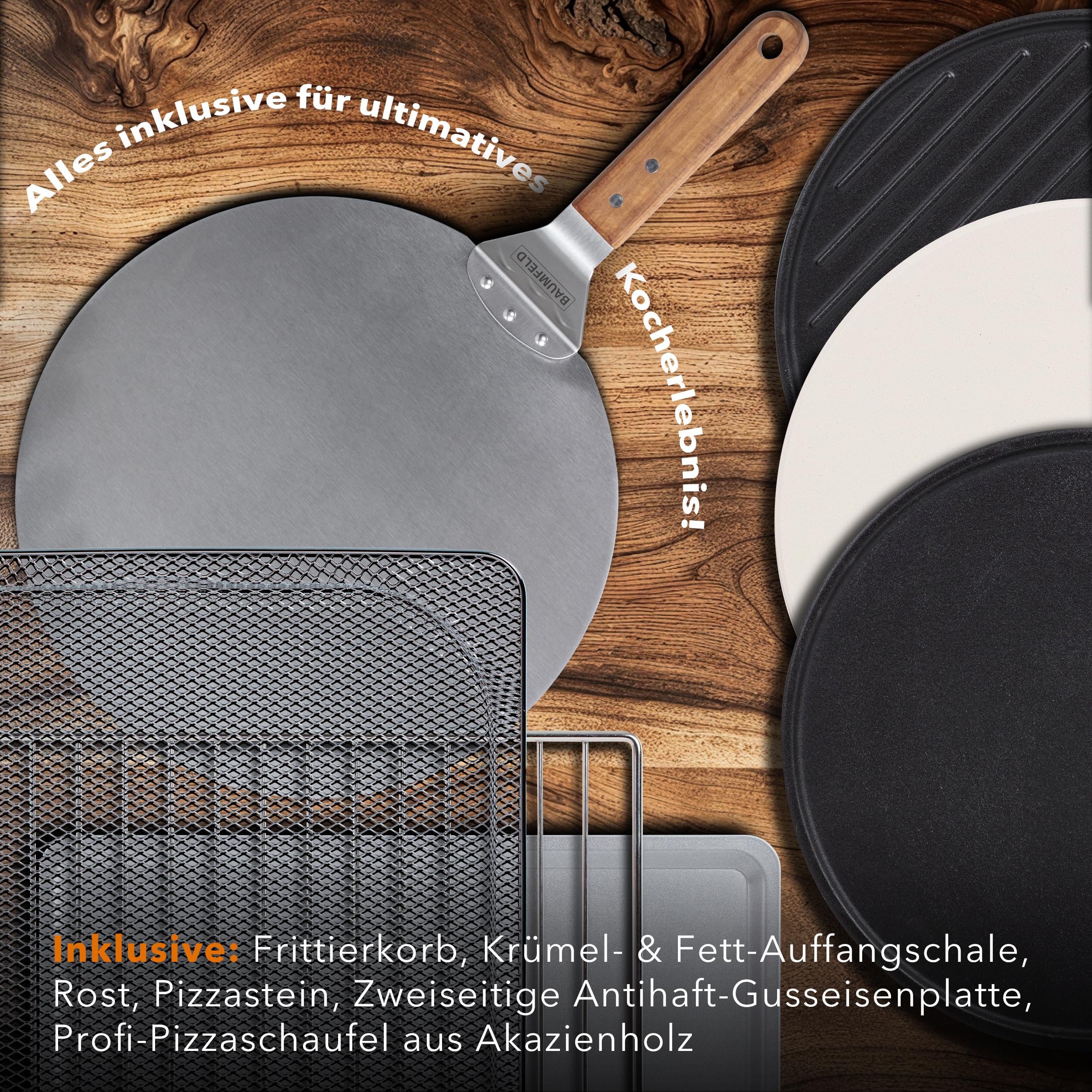 PizzaAirfryer400 Pro - 12 in 1 Multifunktionsofen, Pizzaofen, 400 °C, tragbar, Grillen, Pizza, Air Fryer, Backen, XXL Zubehör, Indoor, Steinofenplatte, Gusseisenblech