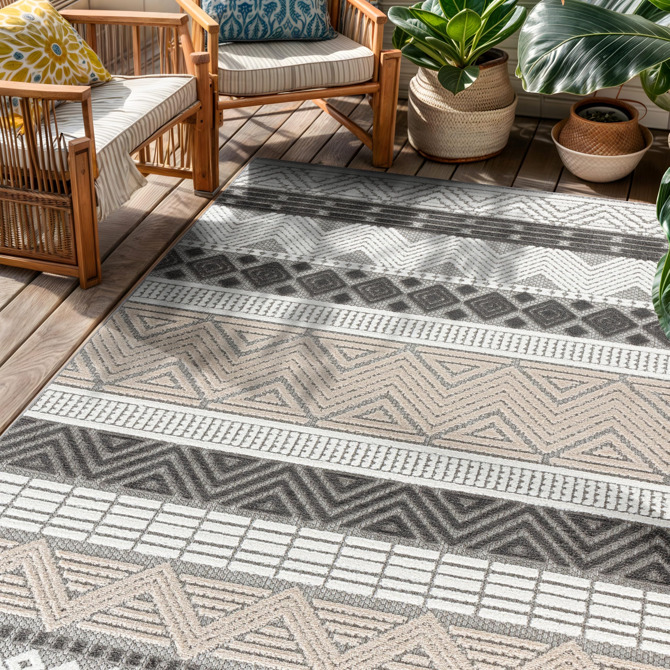 Rugshop Marbella Contemporary Boho Non-Shedding Easy Cleaning Patio Deck Backyard Indoor/Outdoor Area Rug 4' X 6' Gray