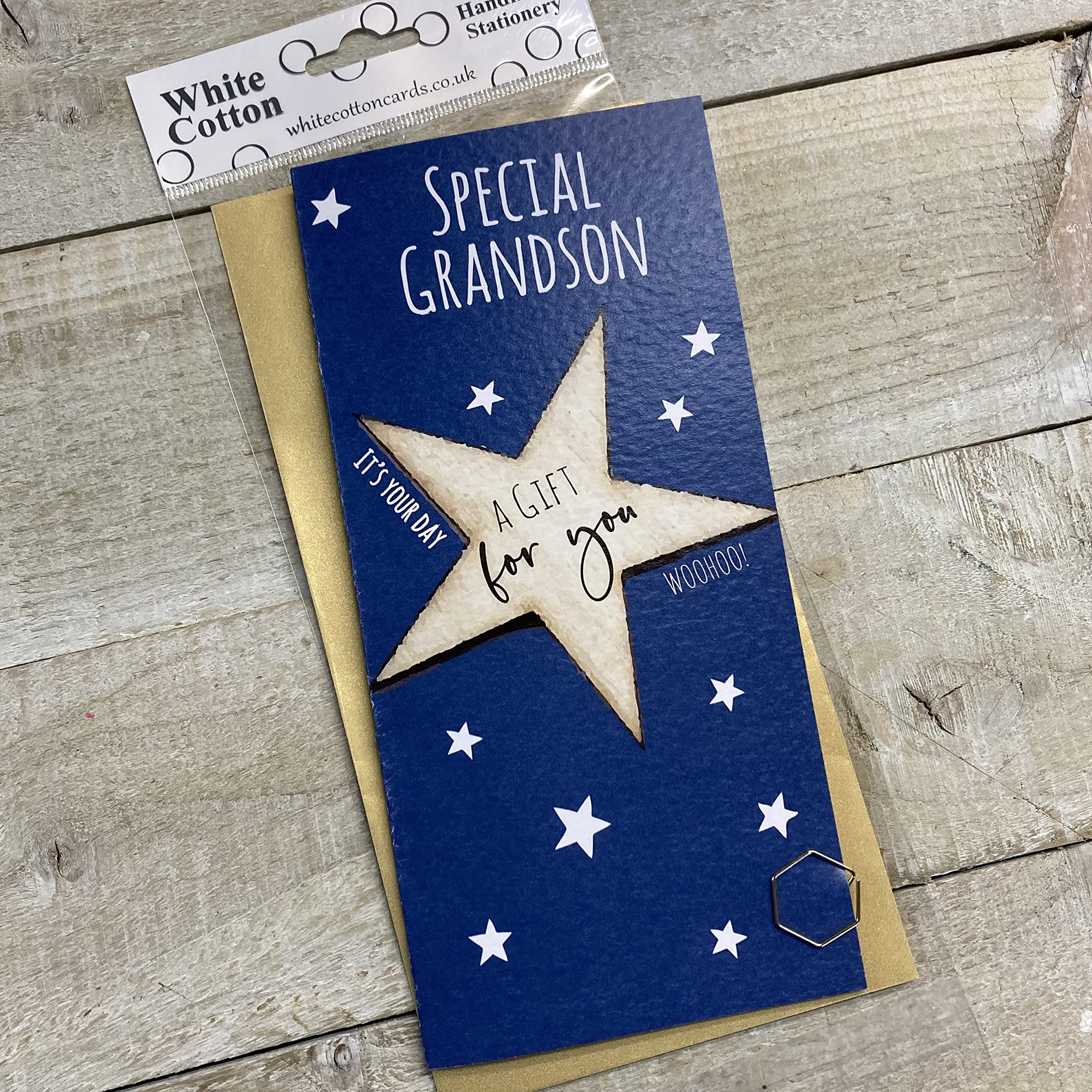 WHITE COTTON CARDS MONEY WALLET - GRANDSON BIG BLUE STAR - GIFT FOR YOU (WBW198-GS)