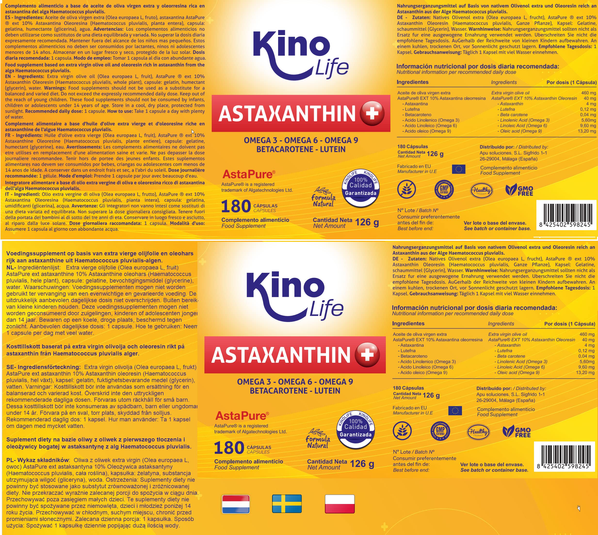 ASTAXANTHINE PLUS 4mg | 180 capsules (Sofgels) | avec lutéine, oméga 369 et bêta-carotène | 100% naturel | qualité ASTAPURE® | liposoluble | antioxydant naturel | sans gluten | non OGM