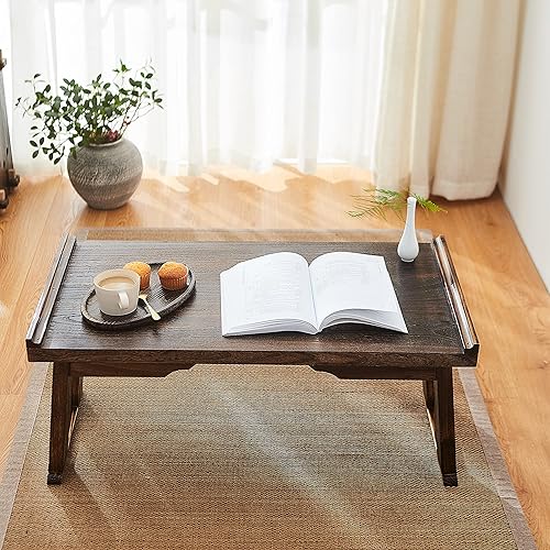 Miniatura 5 de SINOBEST Escritorio de cama para laptop con patas plegables, mesa de bandeja para servir desayuno en la cama, mesa de piso de estilo japonés para té