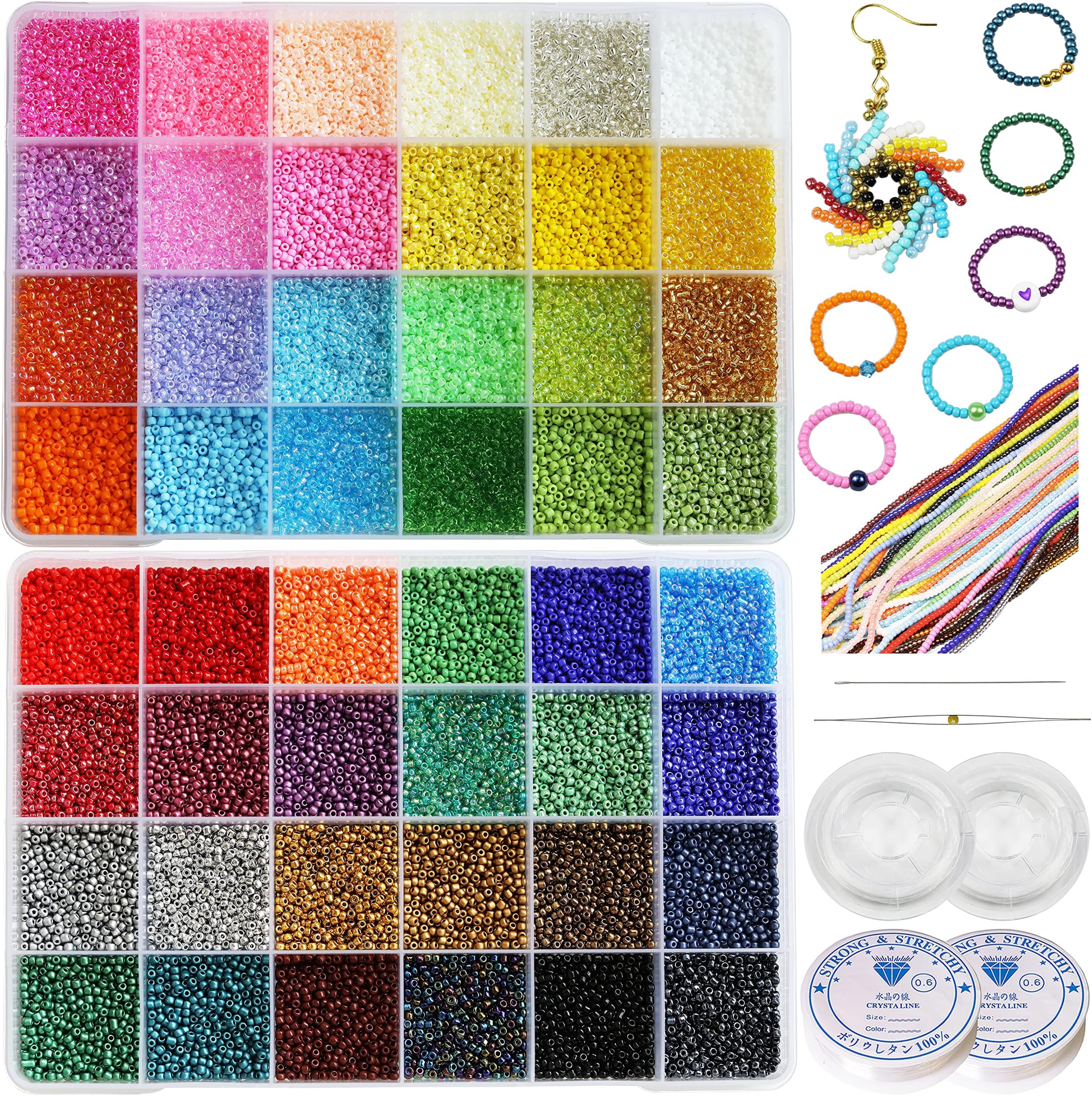 Size 2mm Seed Beads 48 Colors About 38000 pcs in Storage Box, 12/0 Glass Seed Beads for Making Bracelets Earrings Necklaces Jewelry