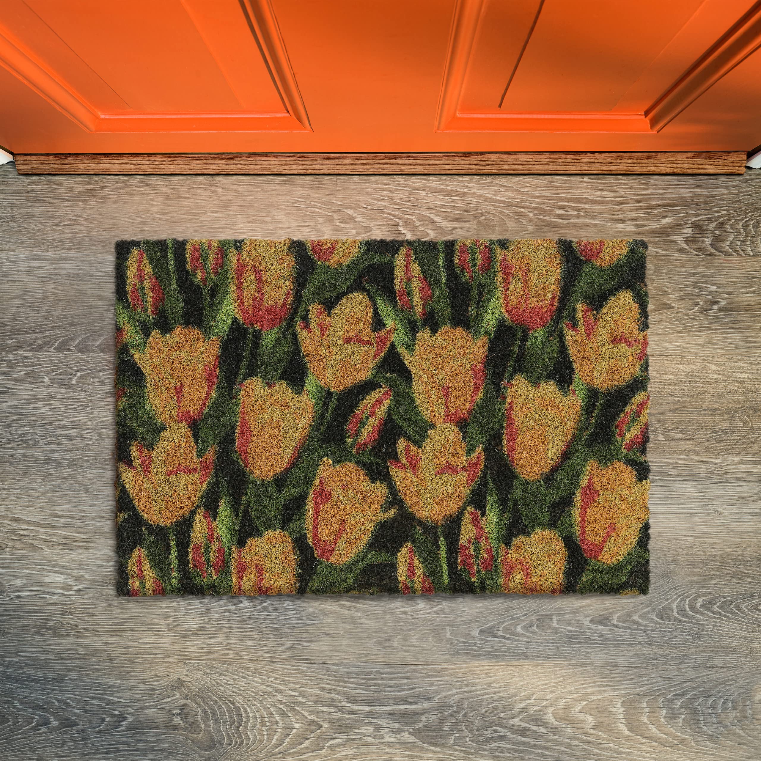 Relaxdays Paillasson Coco, Tapis de Porte Motif de Tulipes, 40 x 60 cm, résistant aux intempéries, antidérapant, coloré