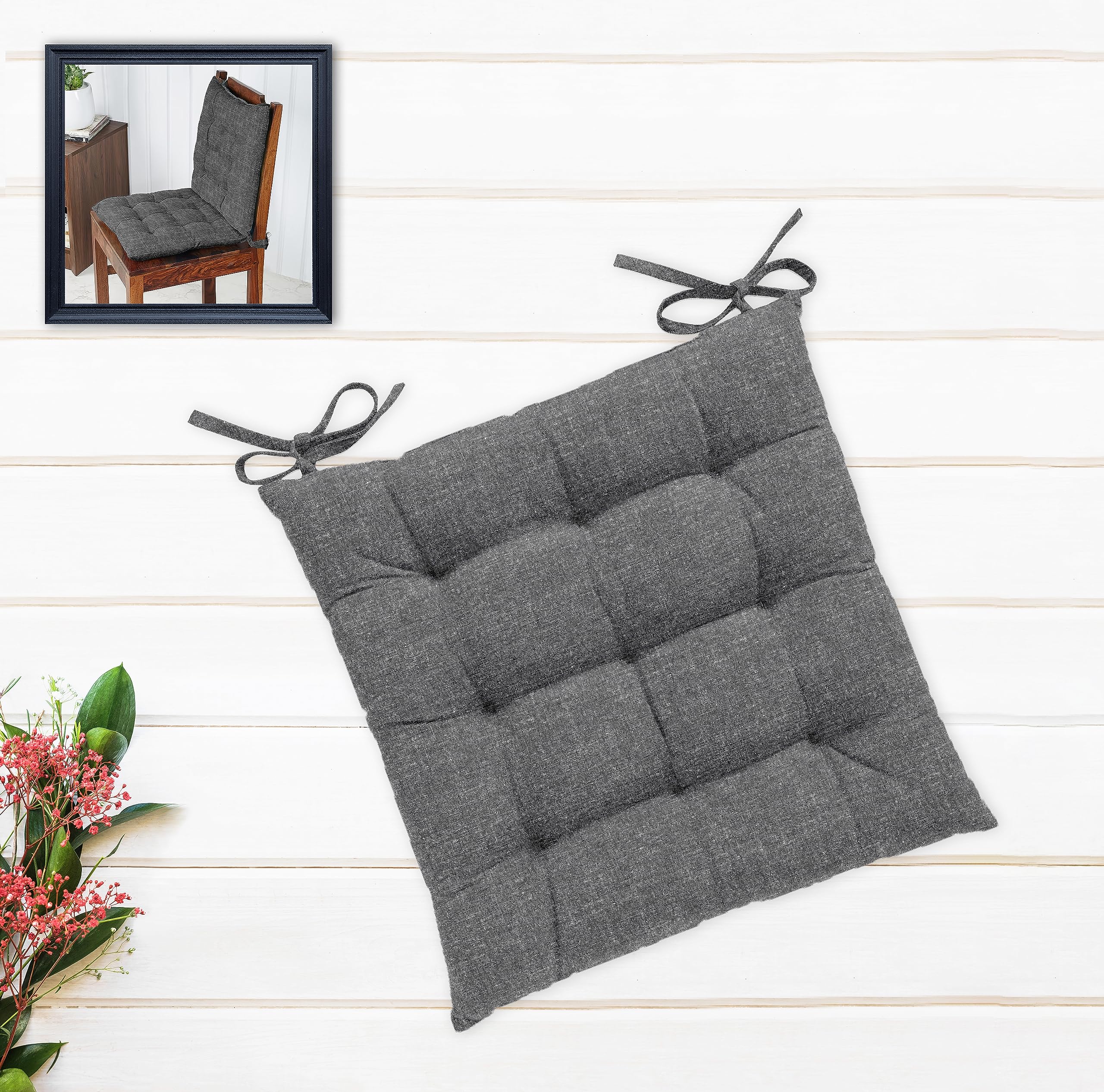 Cotton Shell | Mixfiber Filled |Multipurpose Chair Cushion/Pad with Ties - Pack of 1 (45x45CM - 18"x18", Dark Grey)