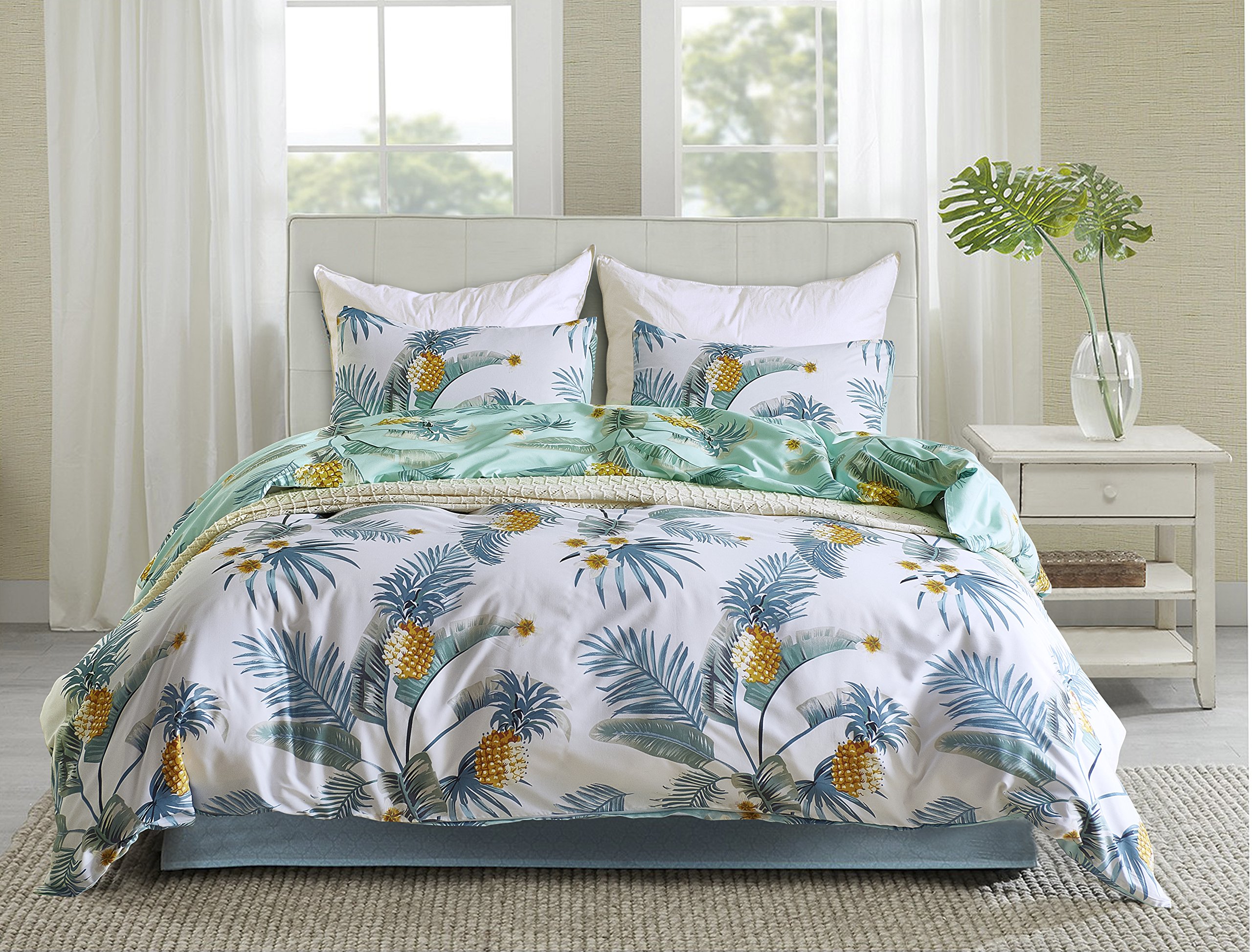 Erosebridal 3 Pcs Pineapple Bedding Sets with Zipper Ties Blue Leaves Duvet Cover Set Pineapple Pattern Reversible Quilt Cover Microfiber Comforter Bedspreads Home Bedding Gifts Sets Collections Twin