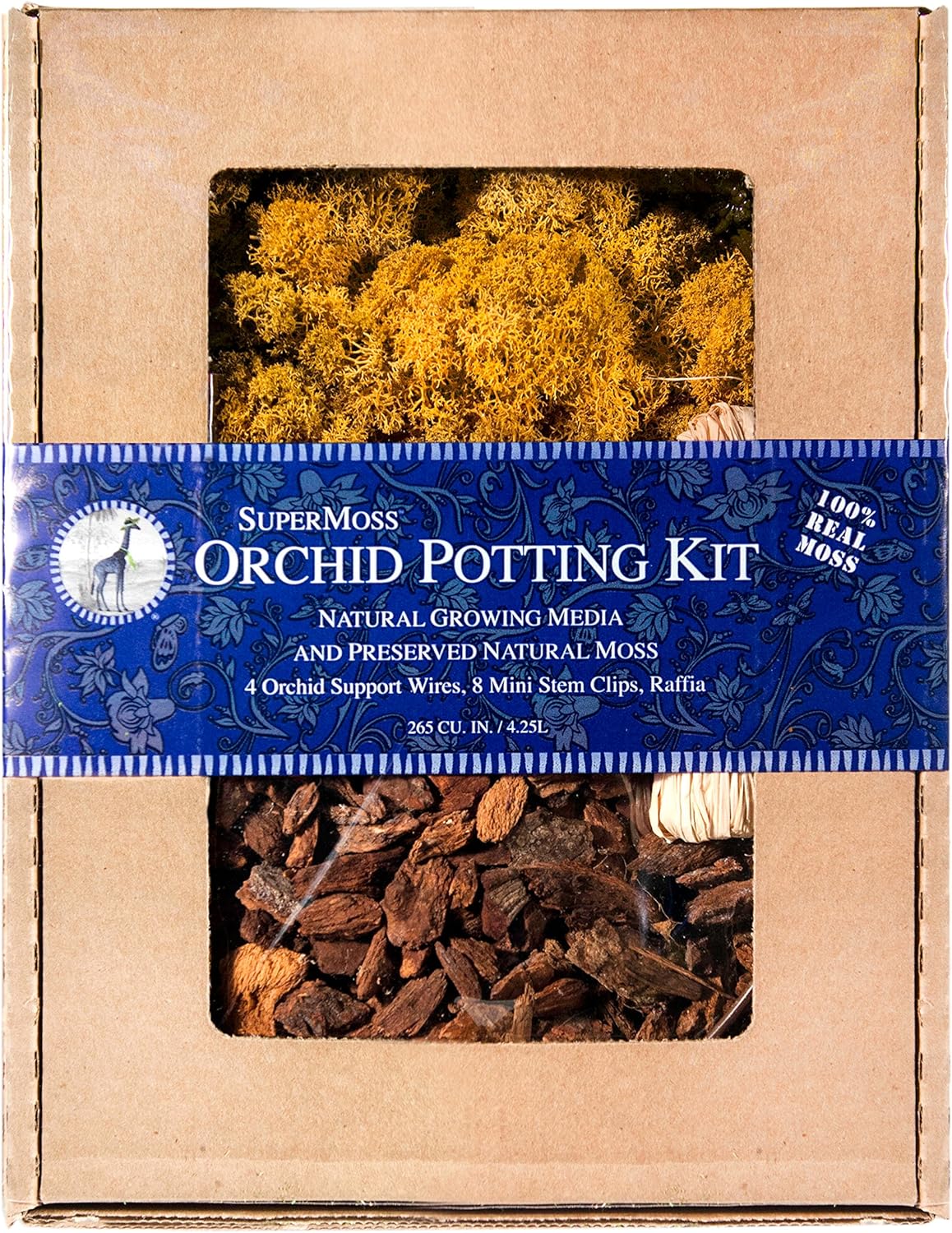 SuperMoss (90506) Orchid Potting Kit, Complete Orchid Care Set with Preserved Moss, Orchid Bark, Floral Clips and Stakes, 200 Cu. In., Reindeer Moss, Natural