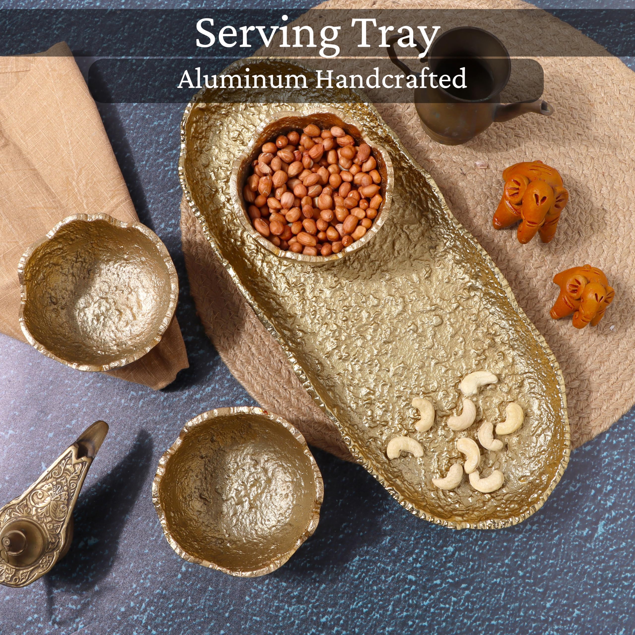 CLEENTABLE Lightweight Metal Fruit Bowl & 3 Nesting Dip Bowls - Home Accessory Tray, Elegantly Designed Multi-Purpose Tray, Decorative & Versatile for Living Room, Bathroom, Office, Kitchen (Gold)