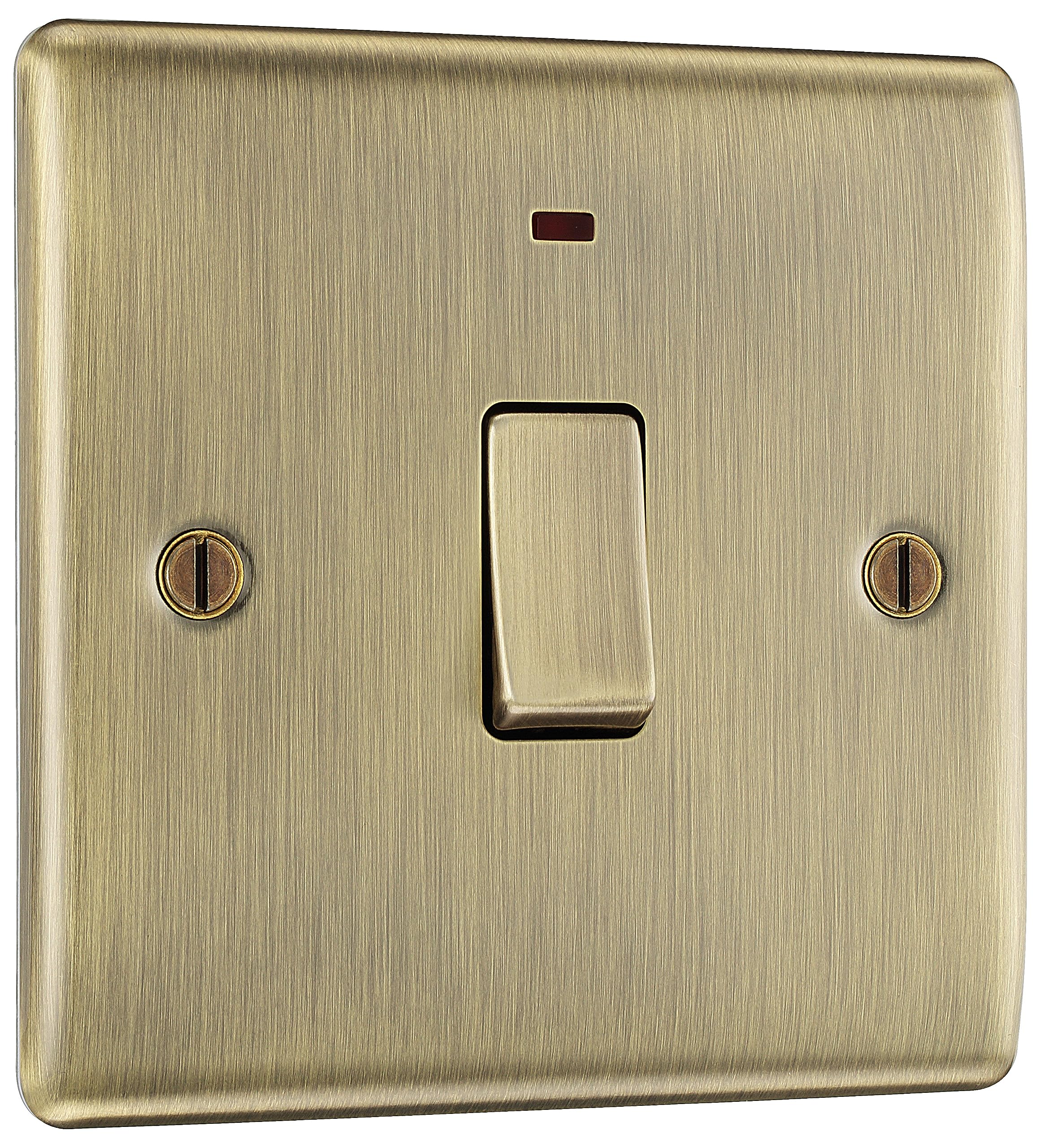 BG Electrical Single Wall Switch with LED Power Indicator, Double Pole, Raised and Slim Profile, Round Edges, Nexus Metal, Antique Brass, 20A, NAB31
