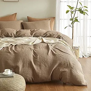 SE SOFTEXLY Muslin Duvet Cover Twin Size, 100% Washed Cotton Duvet Cover Set, Ultra Soft Comforter Cover Linen Like, 2 Pieces Minimalist Gauze Duvet Cover with 1 Pillowcase, 68"x90", Light Brown