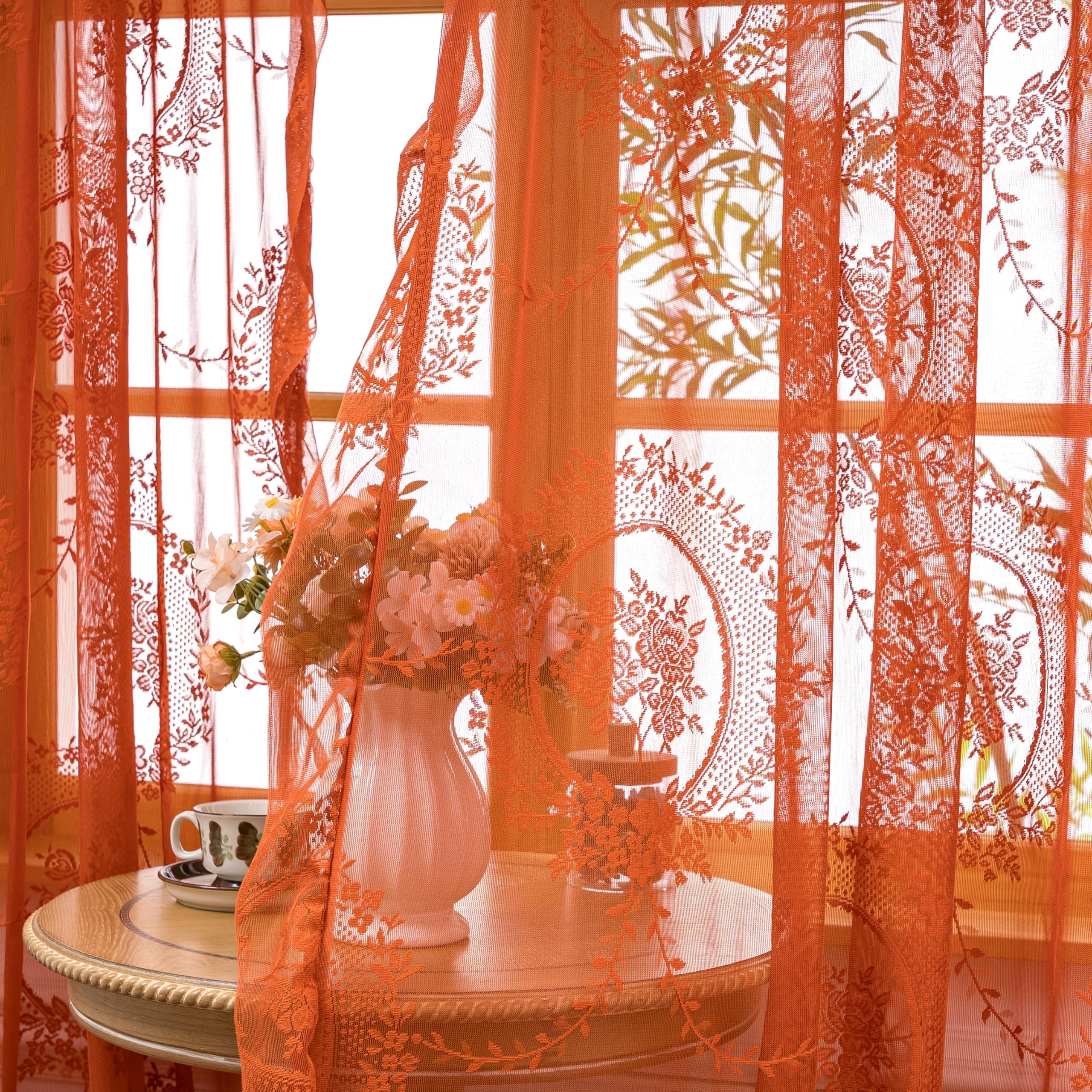 Orange Lace Curtains for Living Room, 84 Inches Long, 2 Panels Set, Boho Sheers with Floral Lace, Vintage Floral, Rod Pocket, 52 x 84 Inch