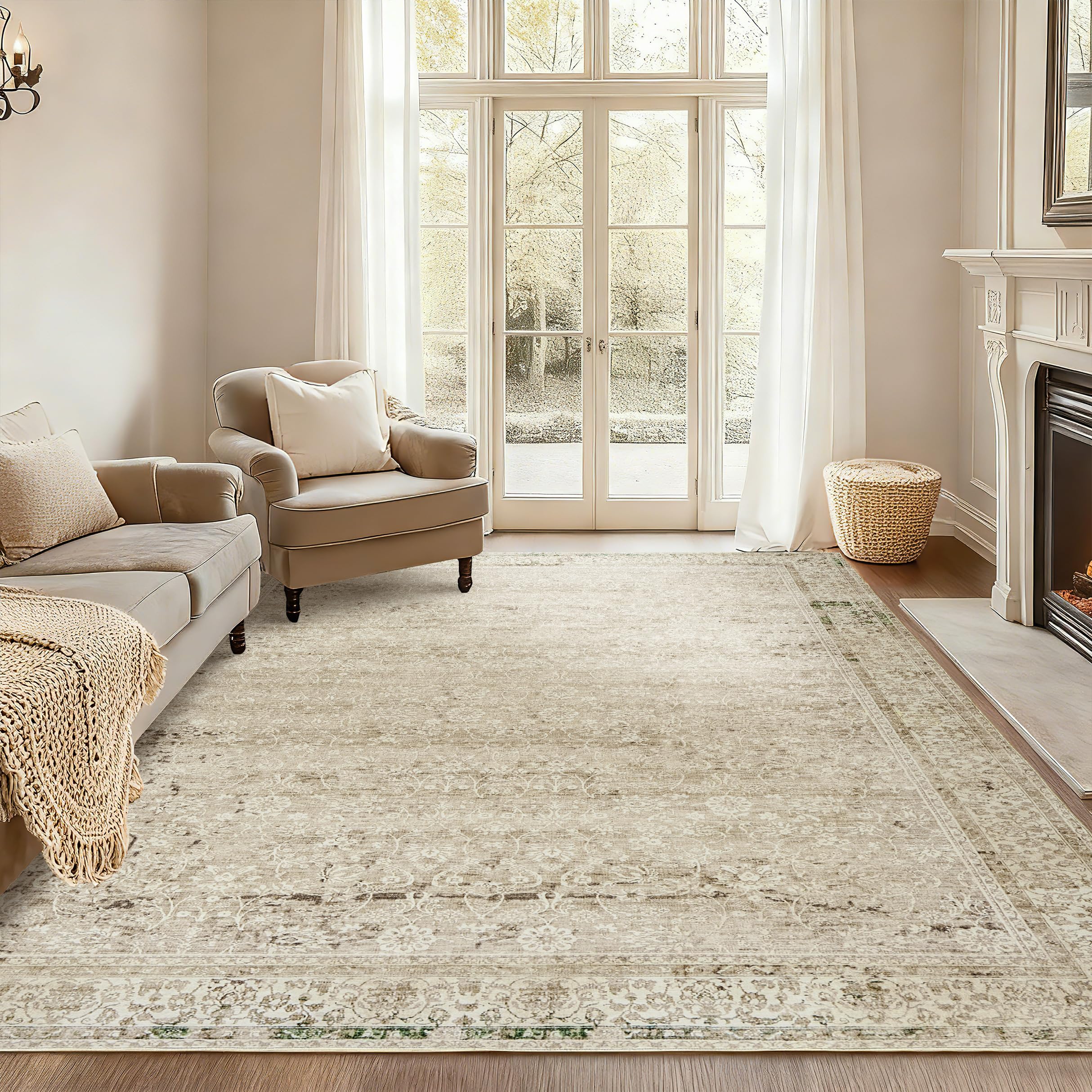 BILEEHOME Cream and Light Tan Rug for Bedroom Neutral Boho Farmhouse Floral Washable Soft Faux Wool No Slip Area Rugs for Living Room Home Office,5x8 โ image 1