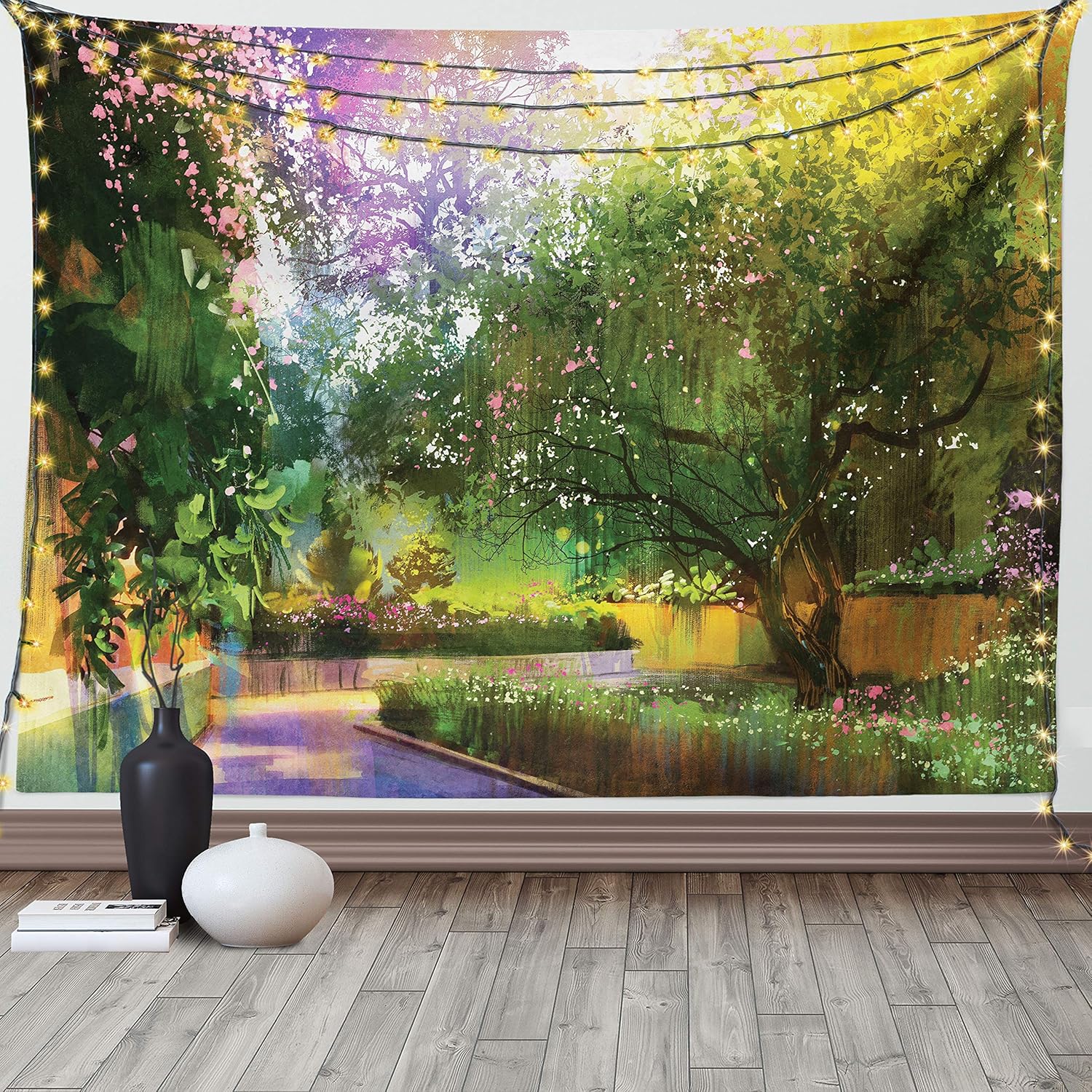 Lunarable Fantasy Tapestry Queen Size, Pathway of Secret Paradise Garden with Magic Sun Rays on Bushes Nature Artwork, Wall Hanging Bedspread Bed Cover Wall Decor, 88