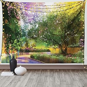 Lunarable Fantasy Tapestry Queen Size, Pathway of Secret Paradise Garden with Magic Sun Rays on Bushes Nature Artwork, Wall Hanging Bedspread Bed Cover Wall Decor, 88