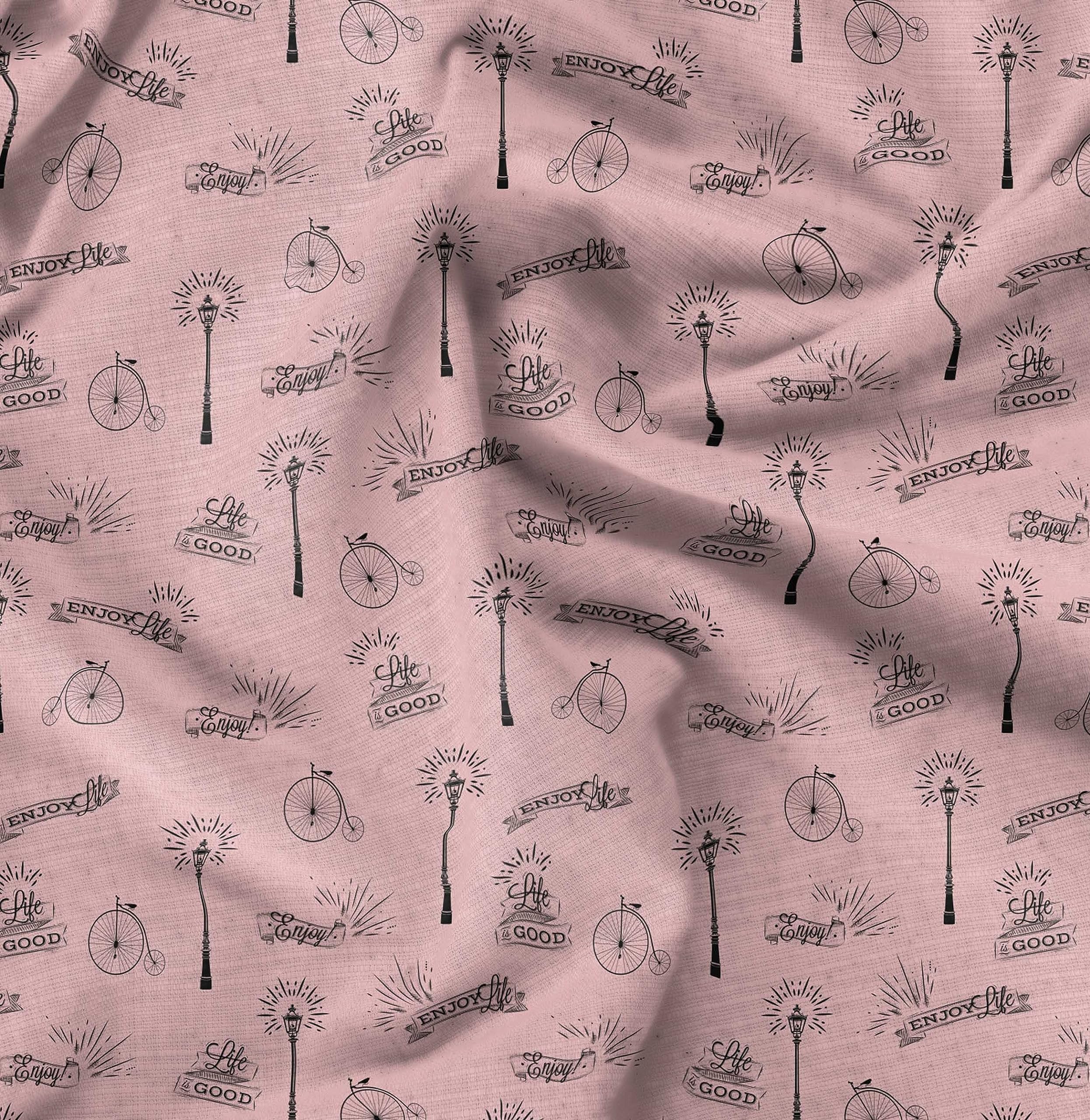 Soimoi Pink Rayon Fabric street lamp & Vintage Cycle Text Fabric Prints By metre 56 Inch Wide