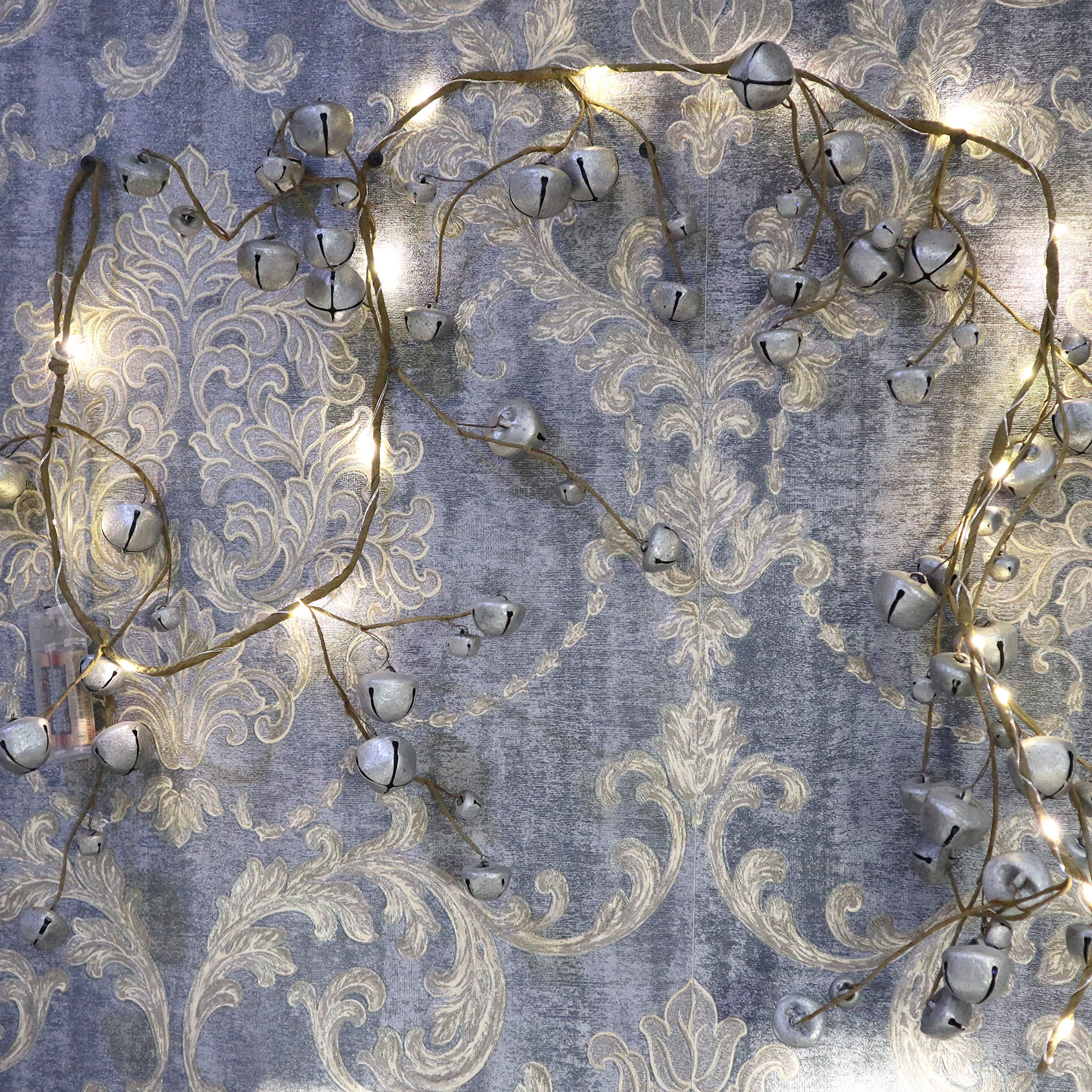 Shatchi Silver 150Cm Pre-Lit Hanging Garland Decorations Bells With 20 Warm White Leds Christmas Home Wall Door Jingle Xmas Holiday Diy Crafts