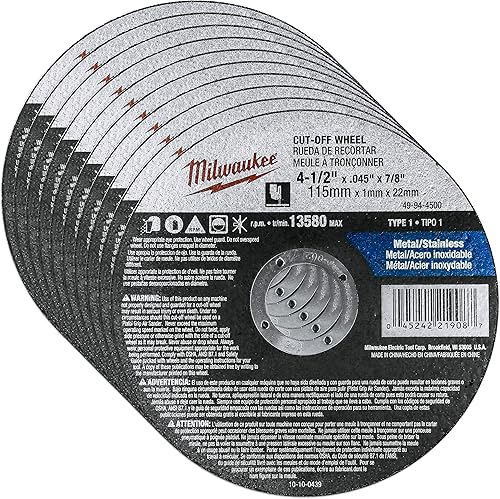 Milwaukee Paquete de 10 – 4 1 2 ruedas de corte para amoladoras – Corte agresivo para metal y acero inoxidable – 4-1/2 pulgadas x 0.045 x 7/8