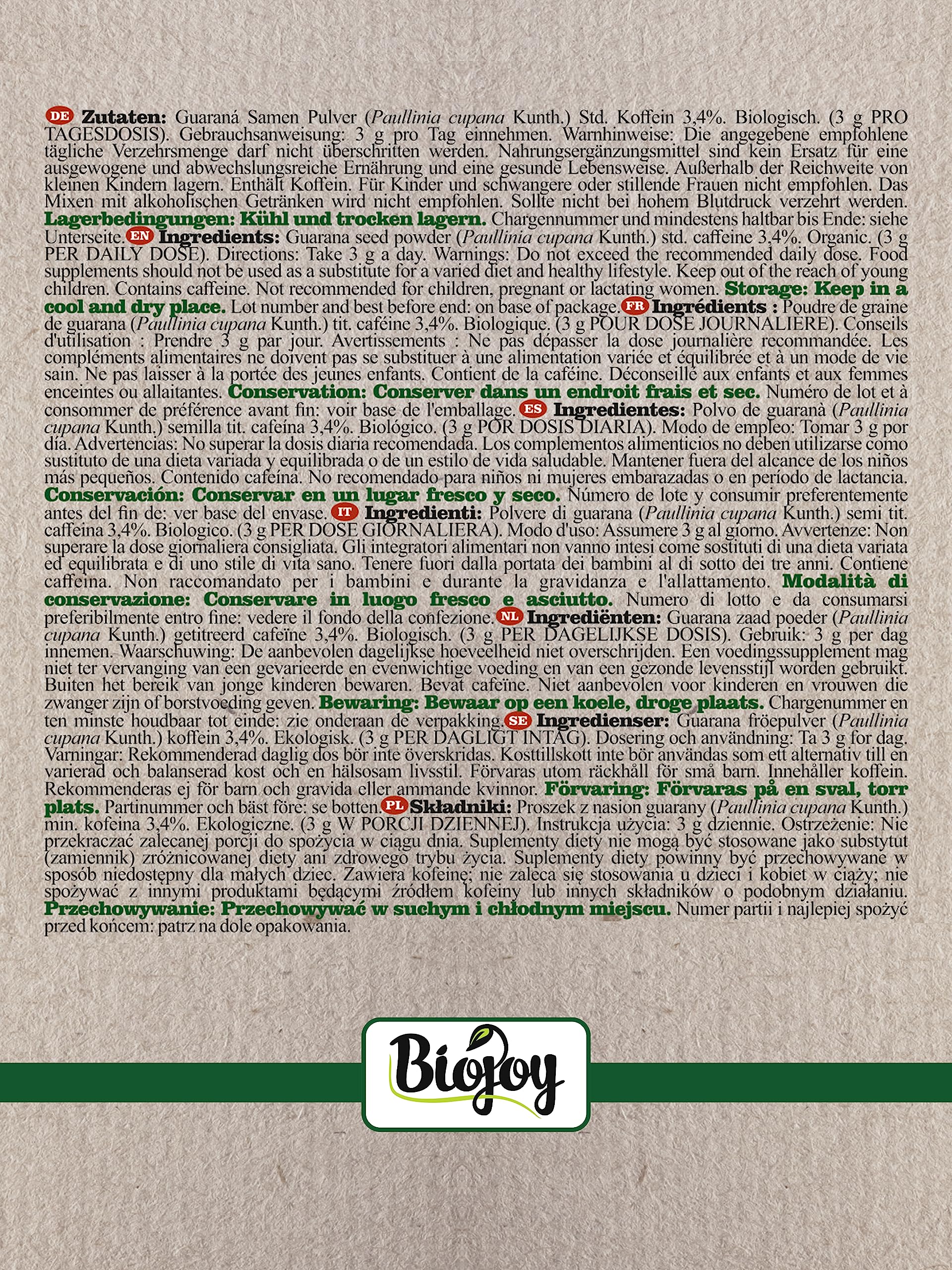 Biojoy BIO-Guarana Pulver (250 g), natürlich und ohne Zusätze, Guarana Tee (Paullinia cupana Kunth.)